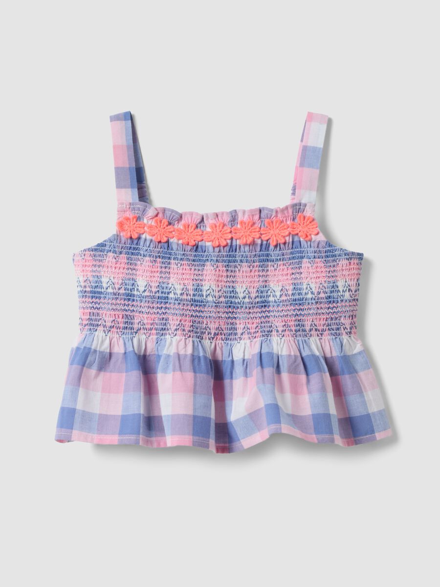 Girls' regular fit multicoloured check pure cotton tank top_3