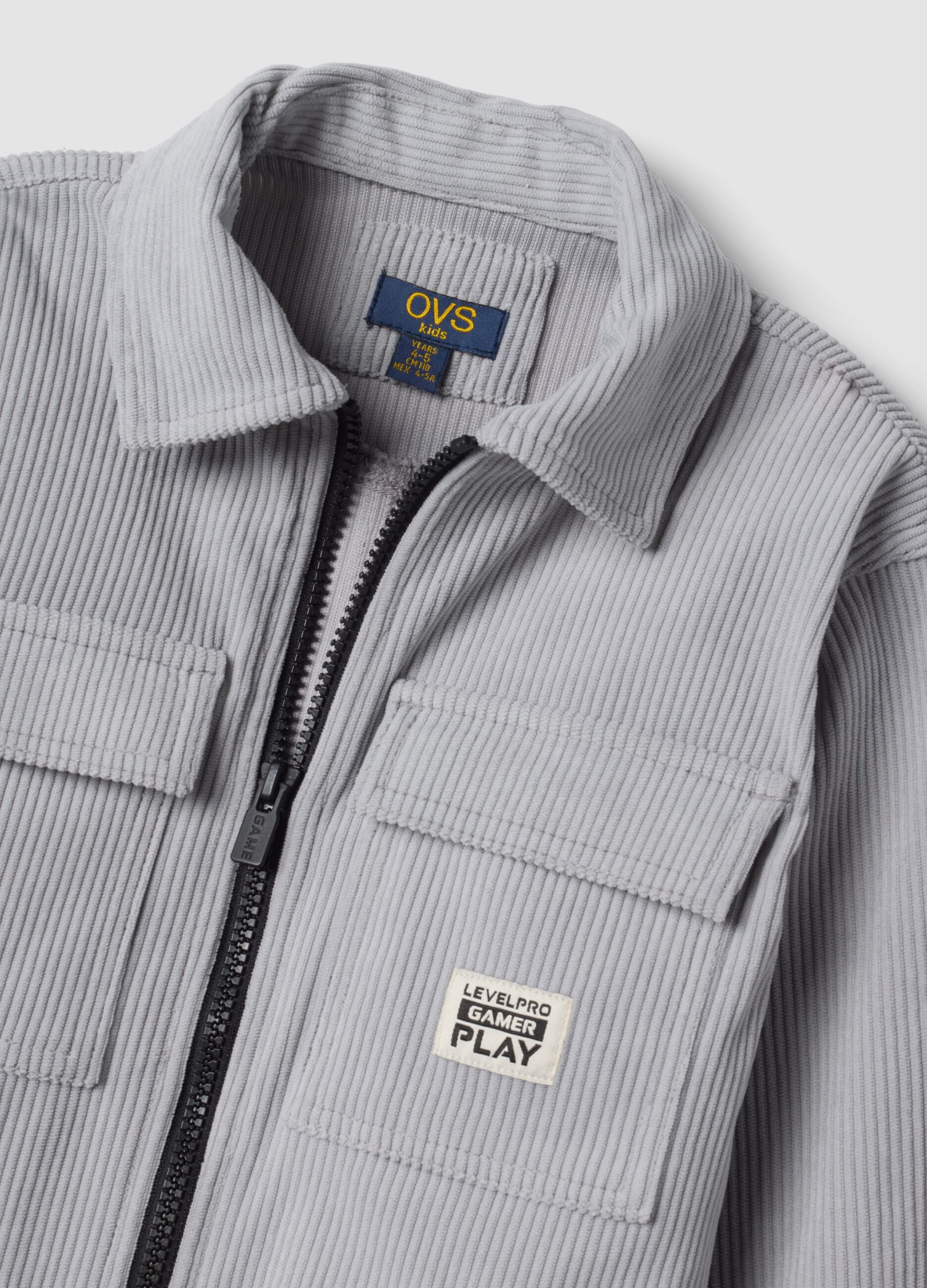 Camicia grigia a coste con zip e colletto classico over fit