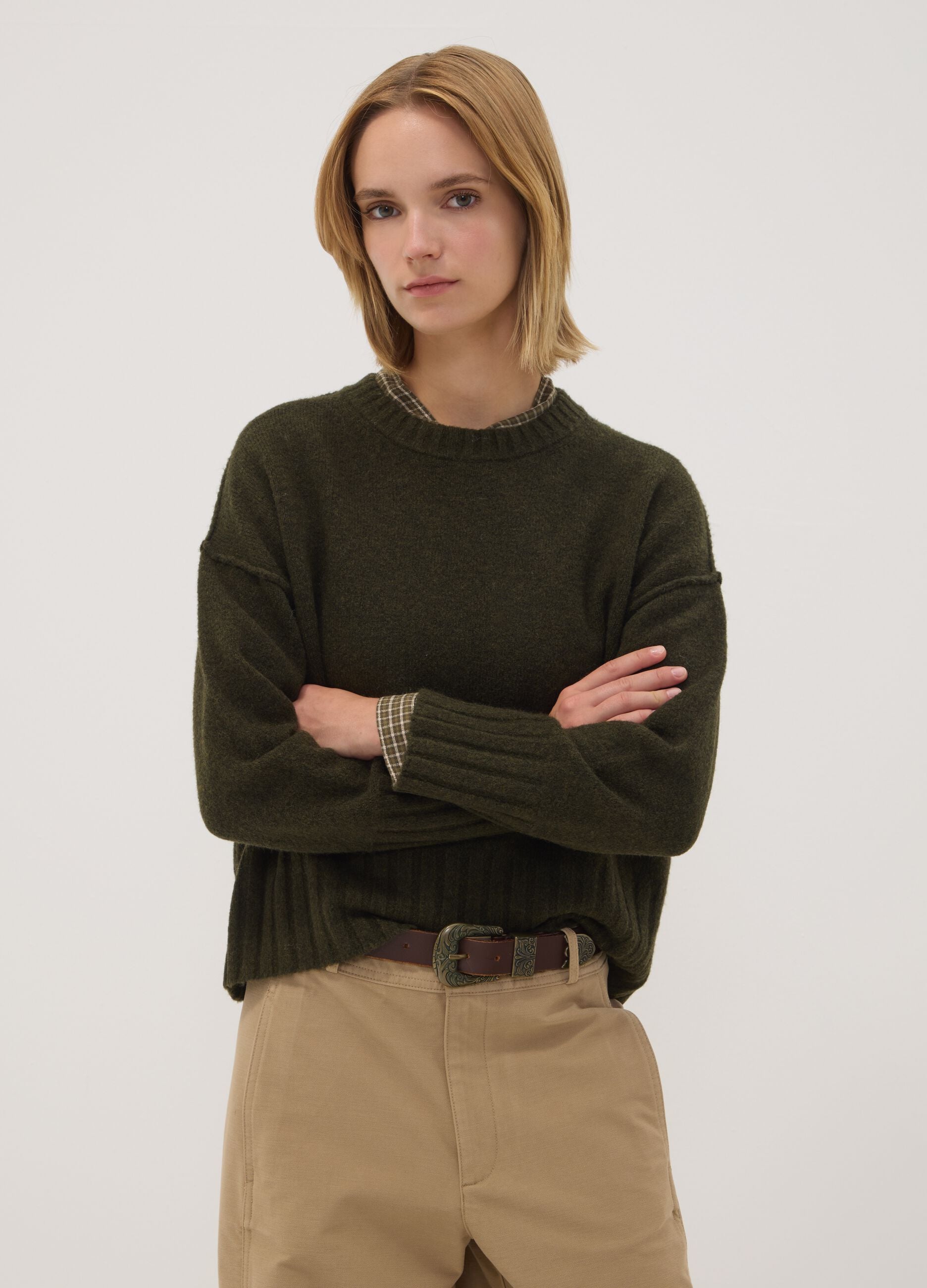 Green stretch crew-neck top