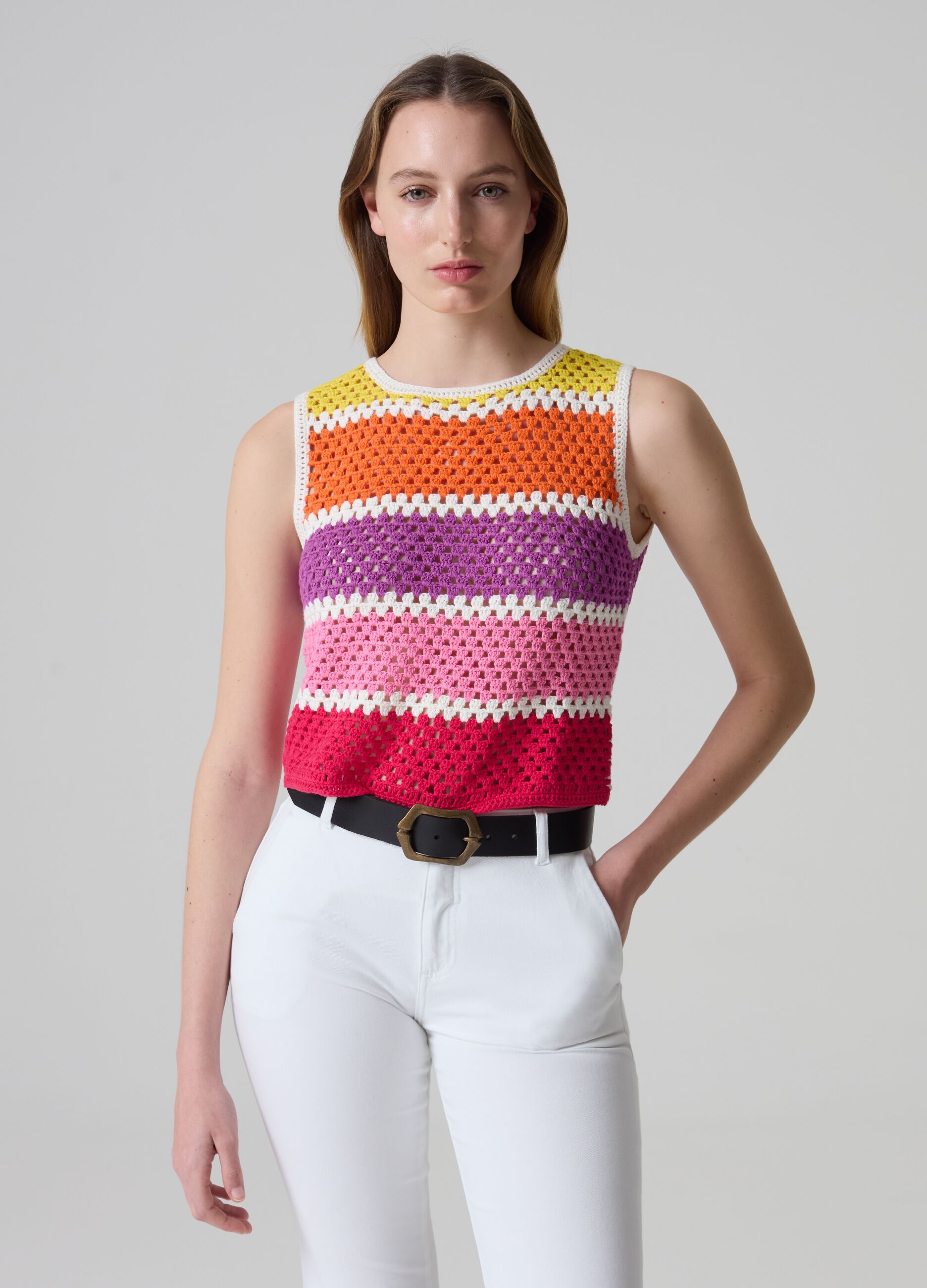 Crochet tank top with multicoloured stripes
