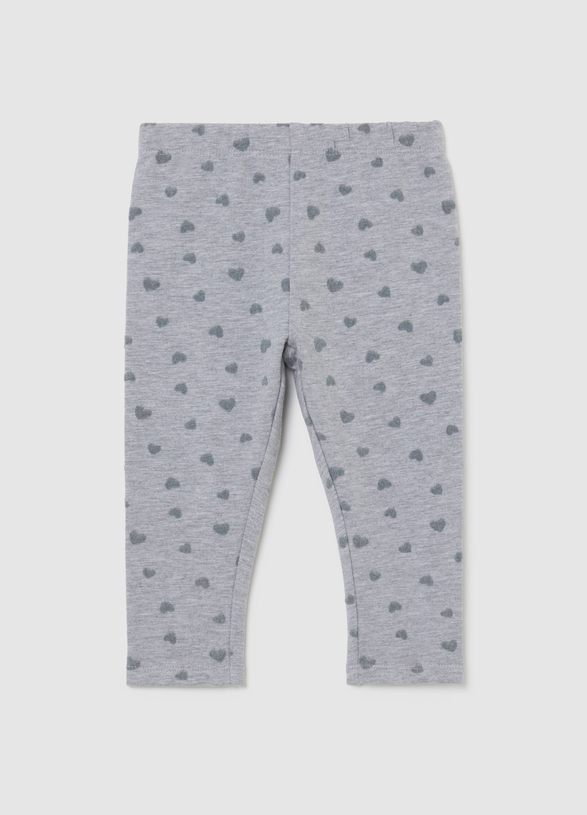 Grey girl's leggings in stretch cotton with heart prints