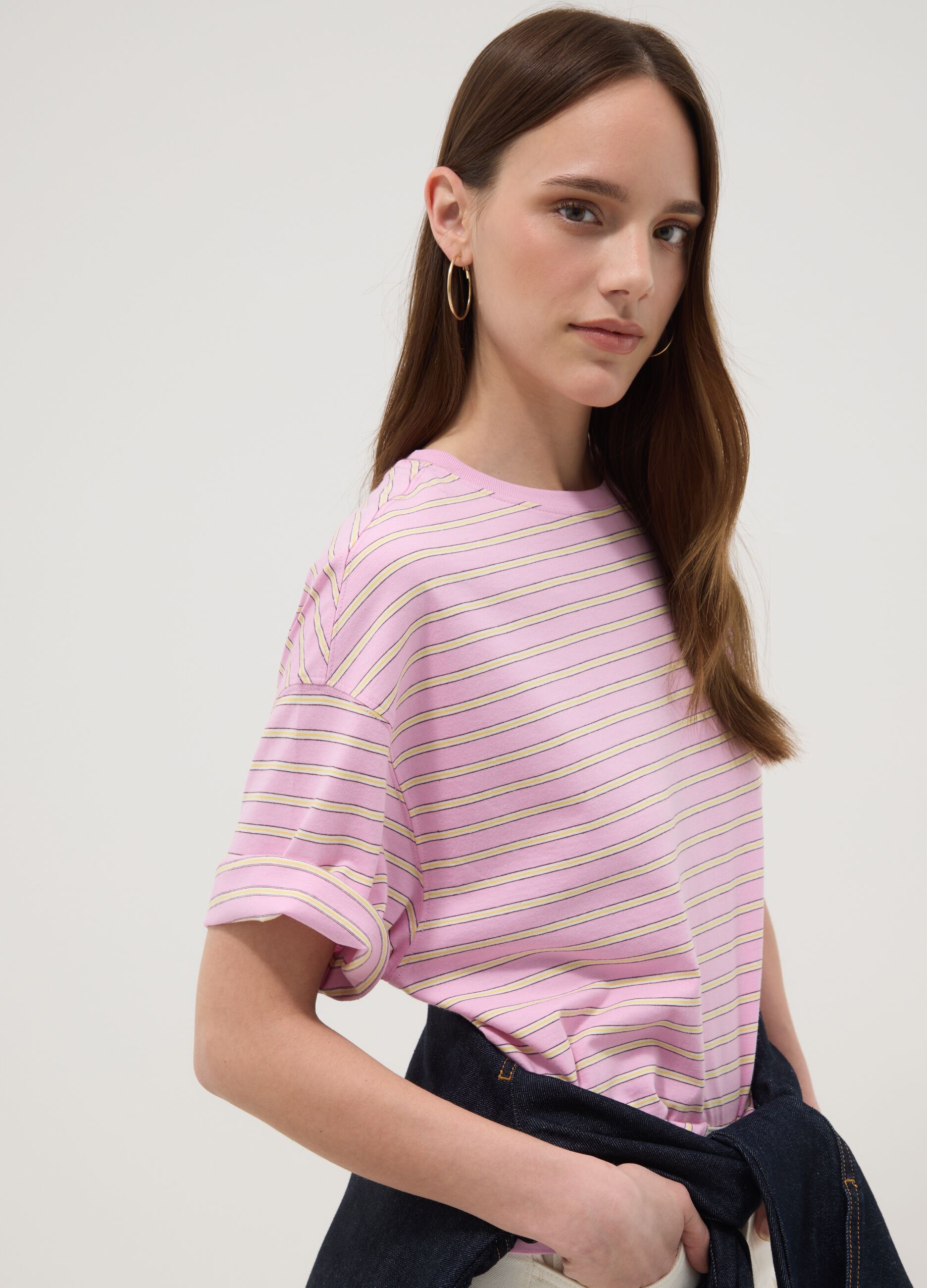 Pink striped pure cotton T-shirt