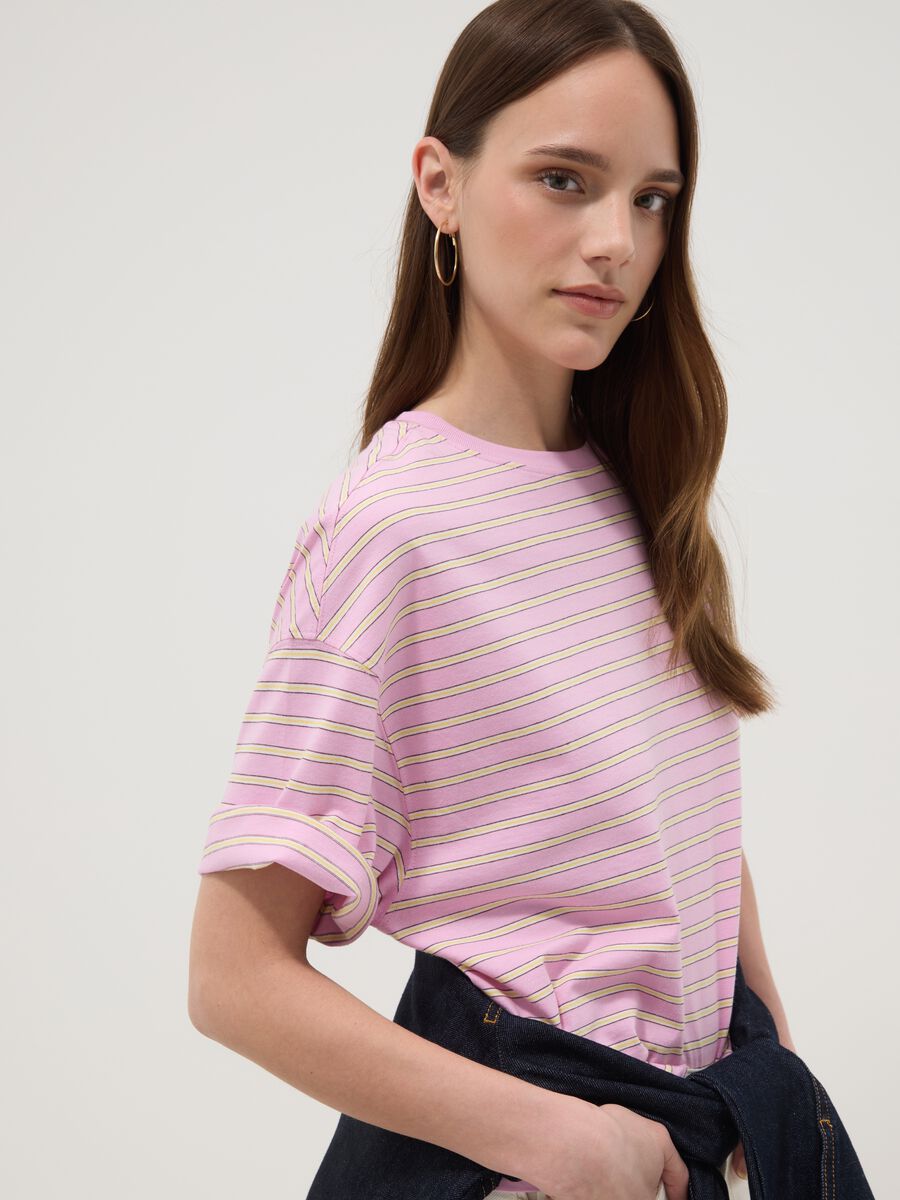 Camiseta rosa de rayas en algod&oacute;n puro_0