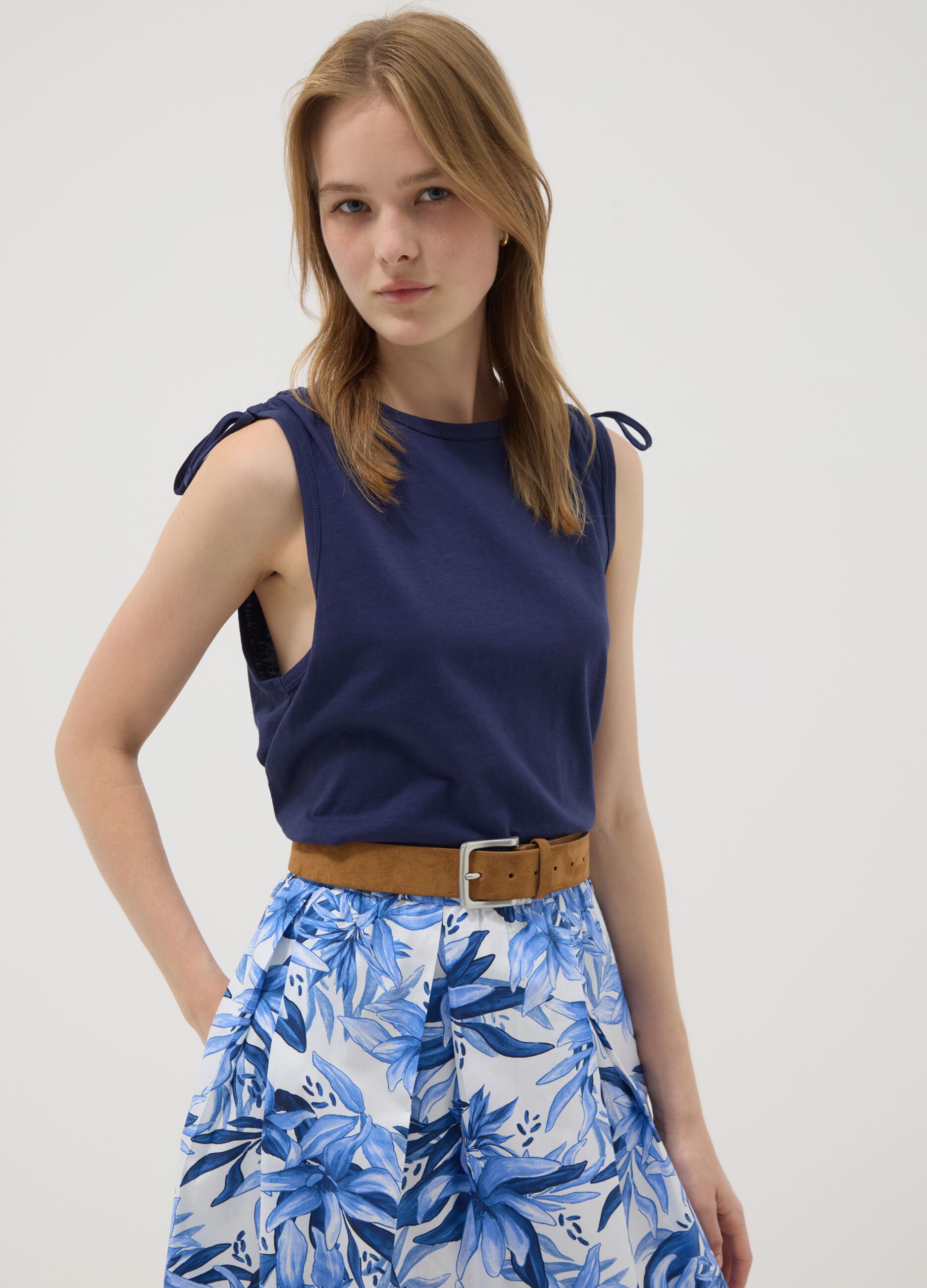 Blue pure cotton tank top with shoulder ties