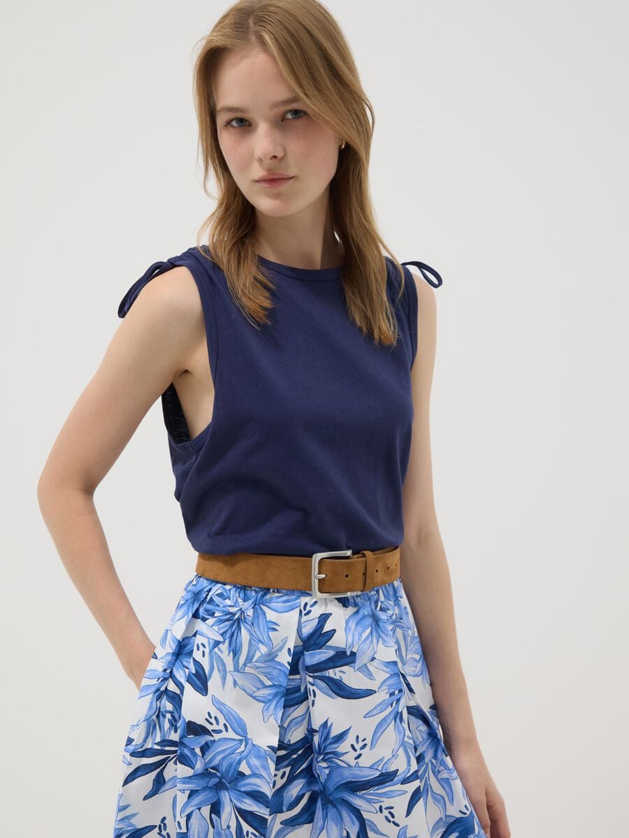 Blue pure cotton tank top with shoulder ties_0