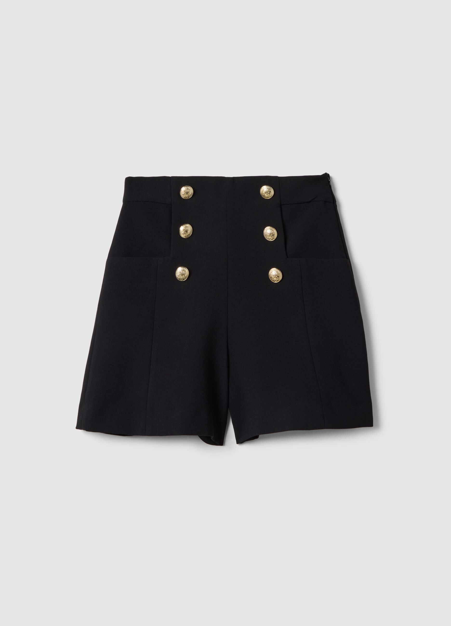 Black regular fit shorts with high waist and gold buttons