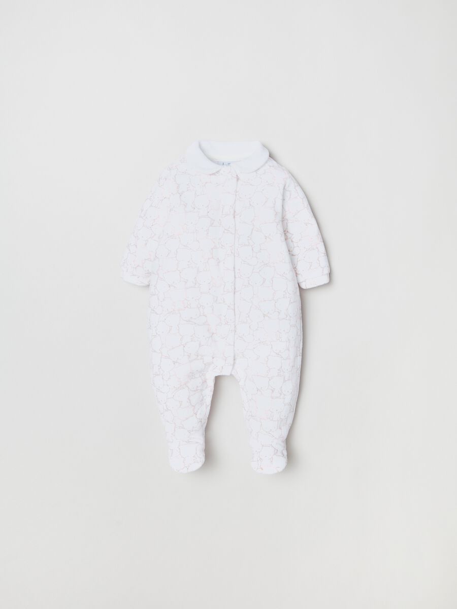 Velour onesie with feet and teddy bear embroidery_0