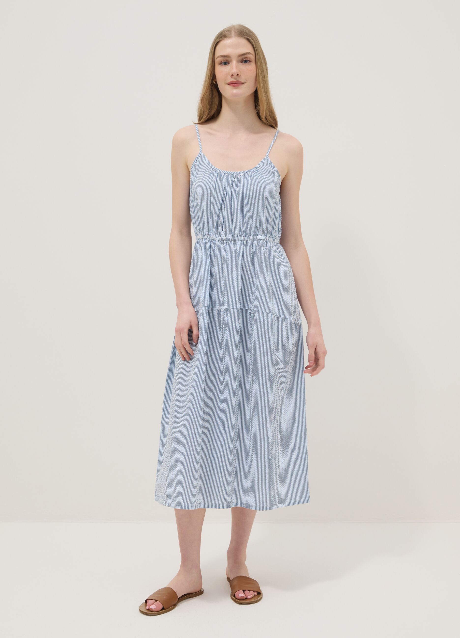 Blue striped pure cotton regular-fit dress with thin straps