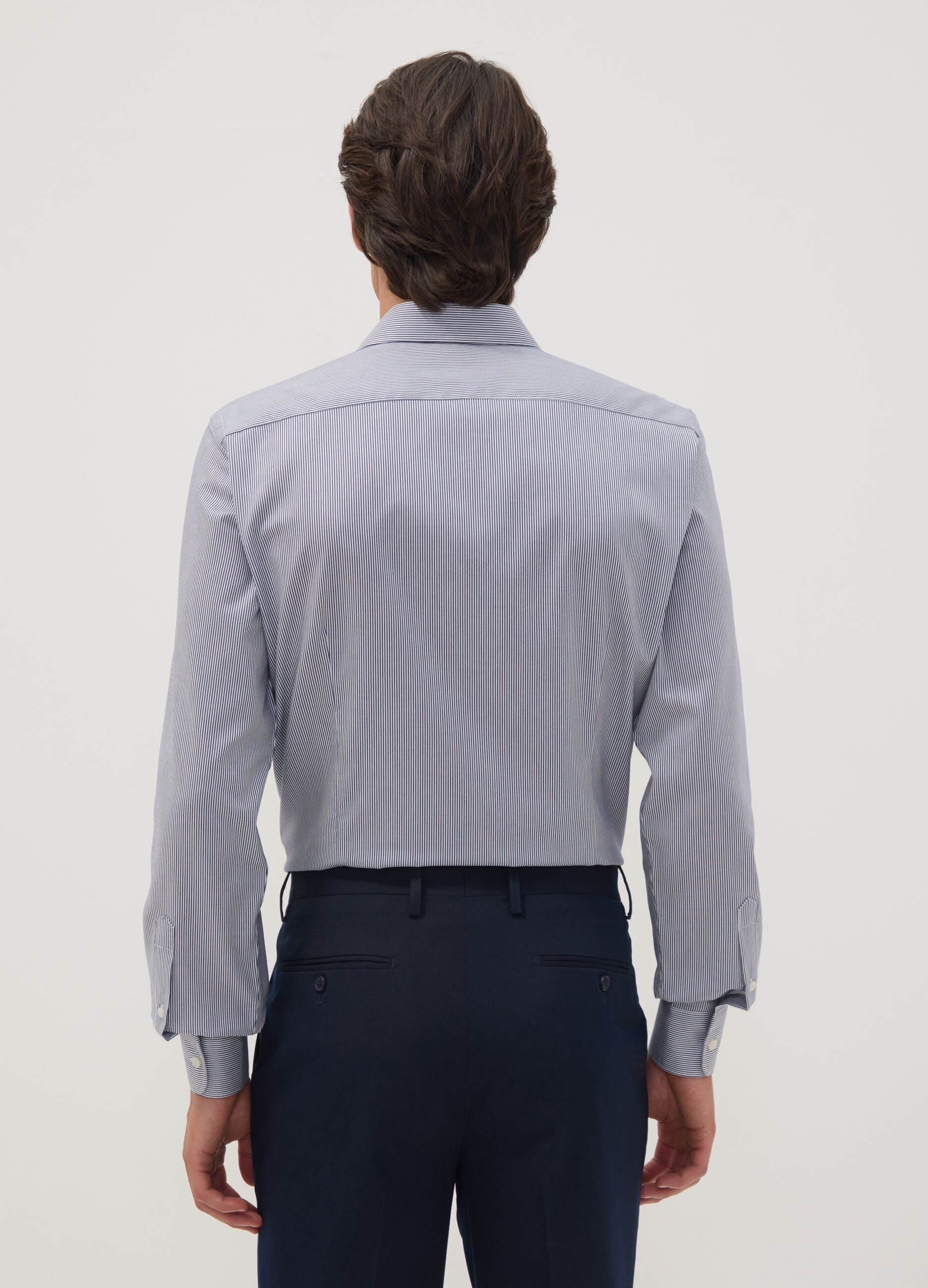 Blue pure cotton striped shirt with French collar, slim fit, non-iron