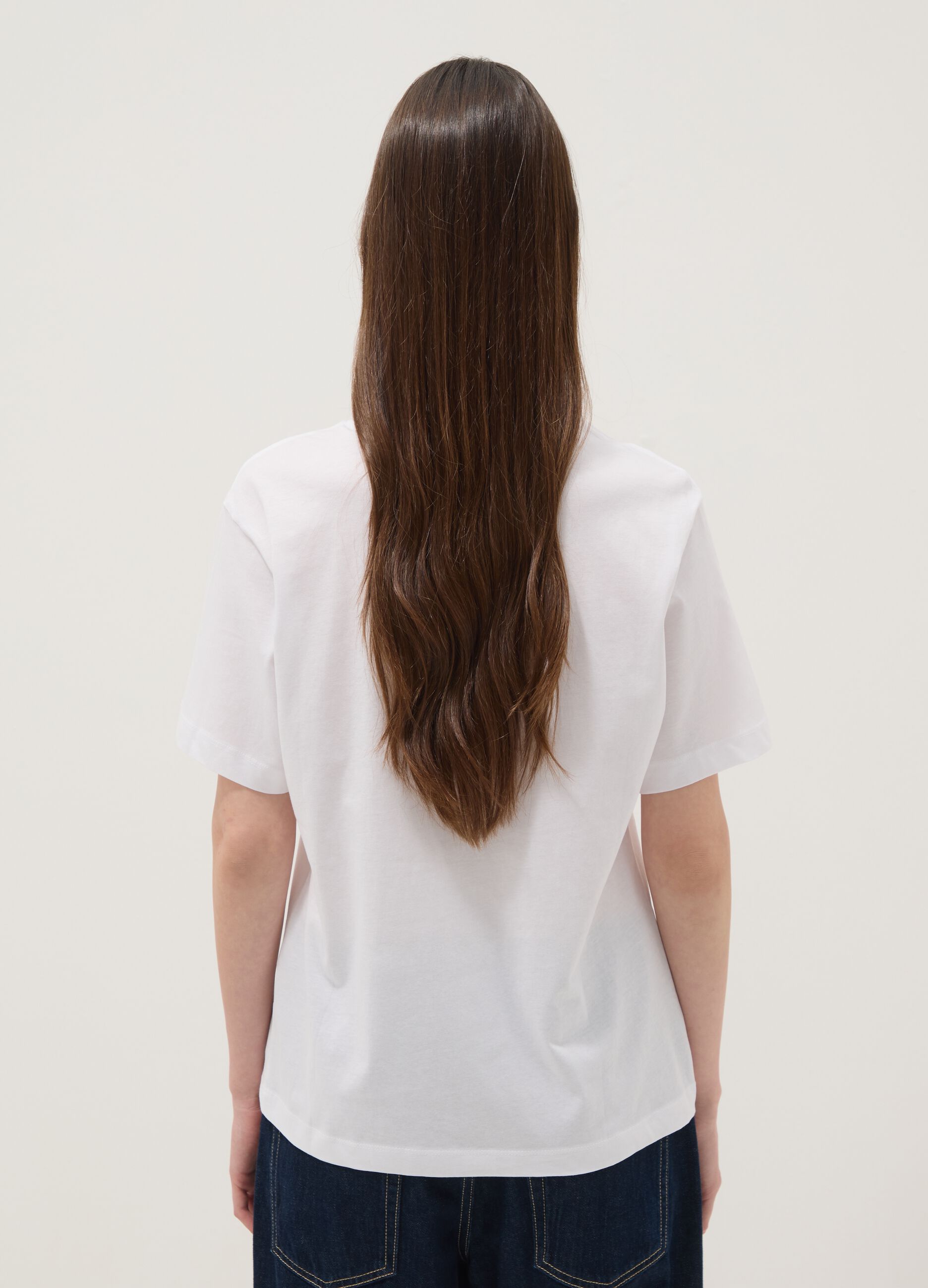 White pure cotton T-shirt with floral print, regular fit