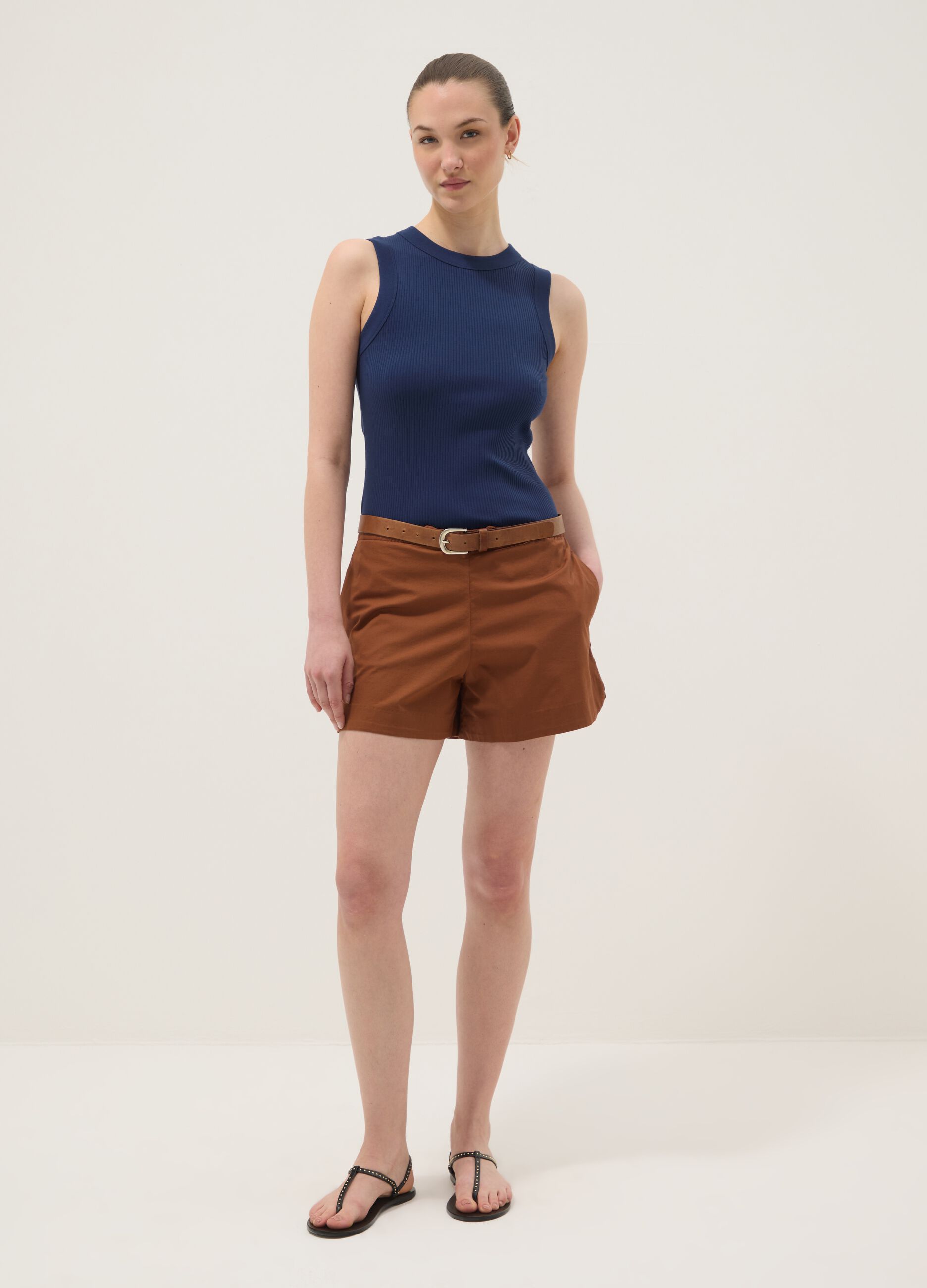 Blue fitted ribbed stretch-cotton tank top