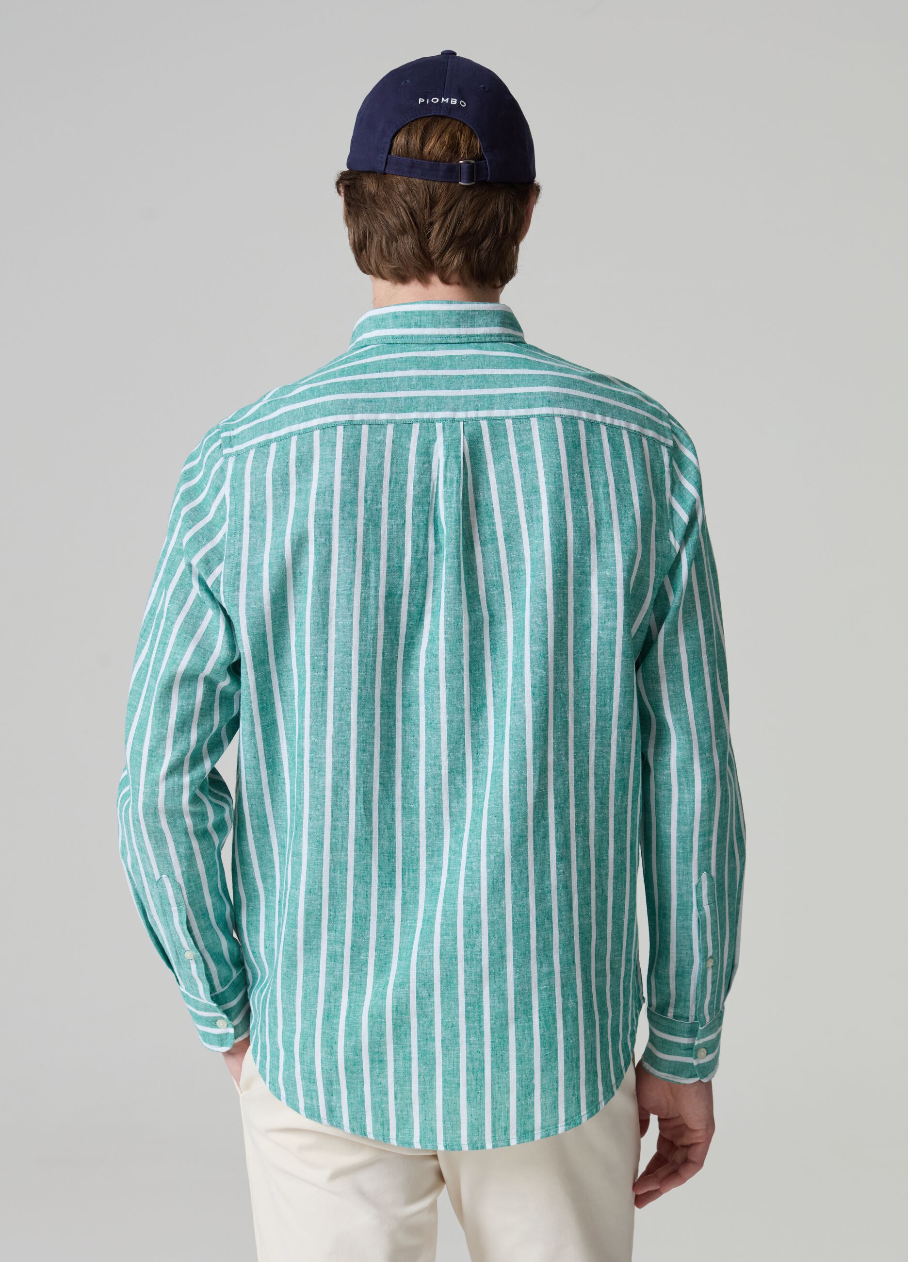 Camisa de lino y algodón de rayas con bolsillo