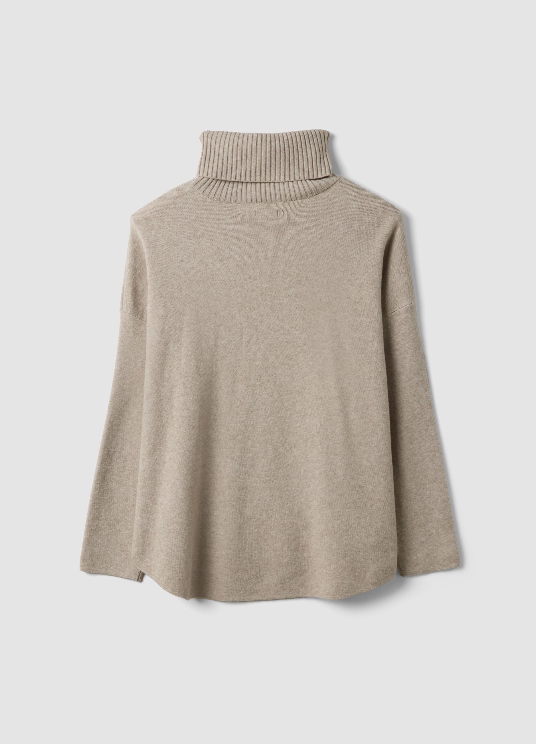 Camel viscose-blend jumper with ribbed high neck, regular fit