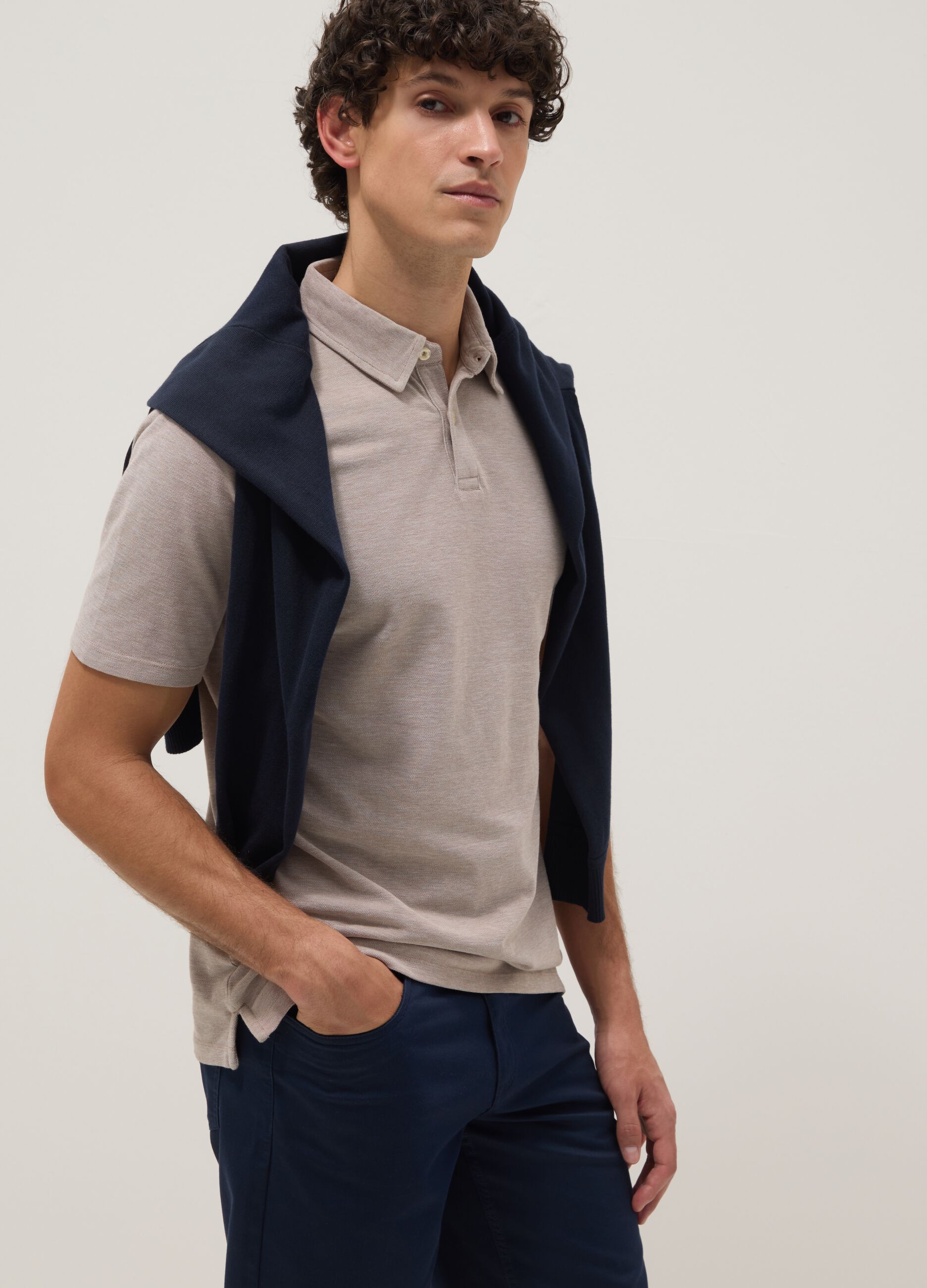 Beige pure cotton short-sleeved polo shirt