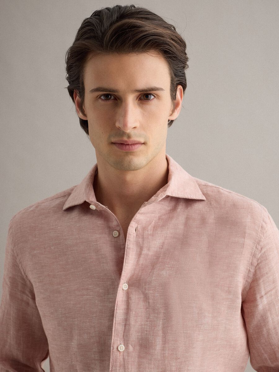 Slim Fit Long Sleeve Pink Pure Linen Shirt_3