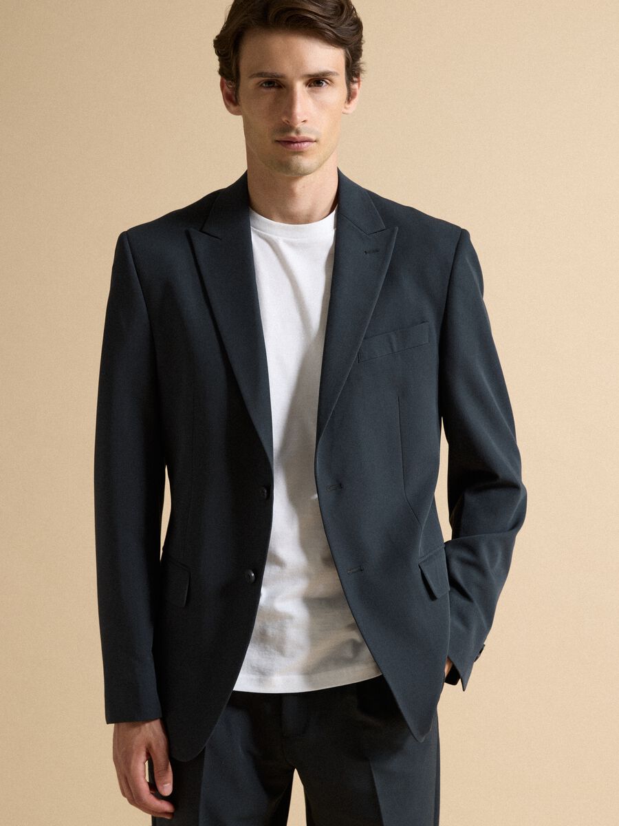 Navy slim-fit stretch viscose twill blazer with peak lapels_0