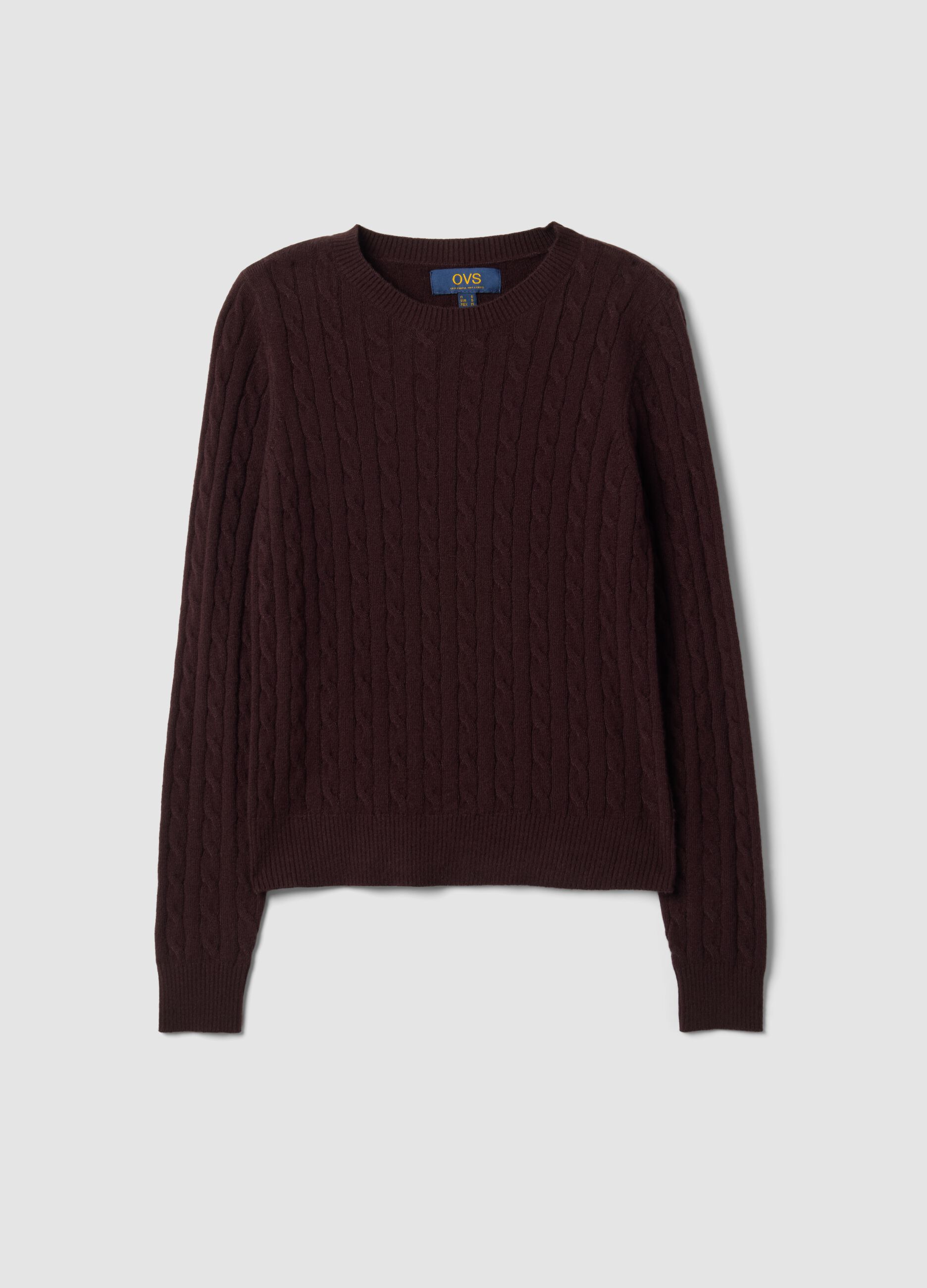 Brown cable-knit crew-neck jumper, regular fit