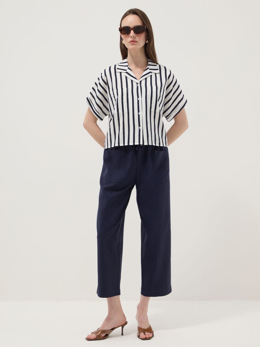 Blue viscose and linen blend straight-leg trousers with drawstring_0