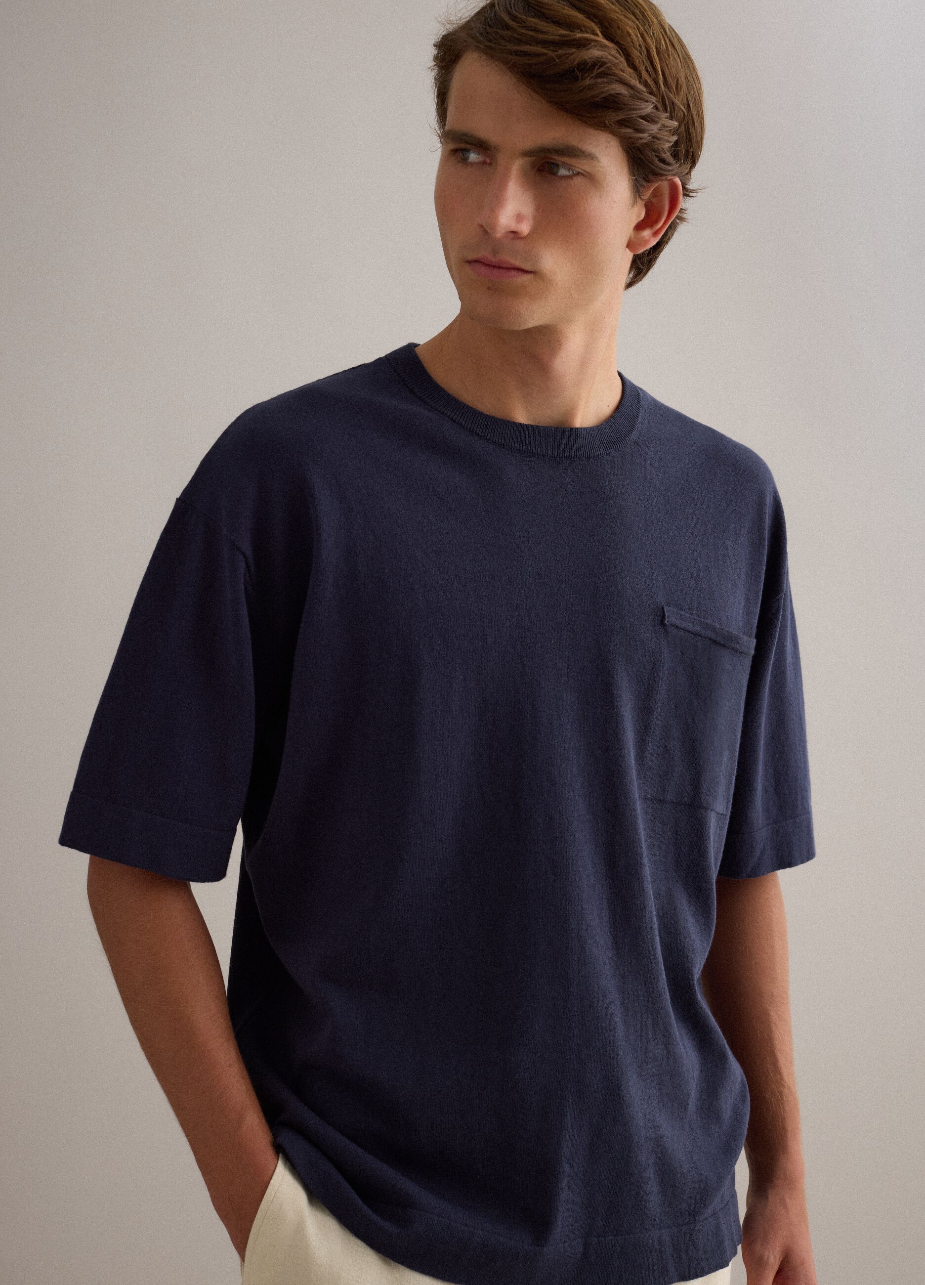 Blue pure cotton regular-fit short-sleeve T-shirt