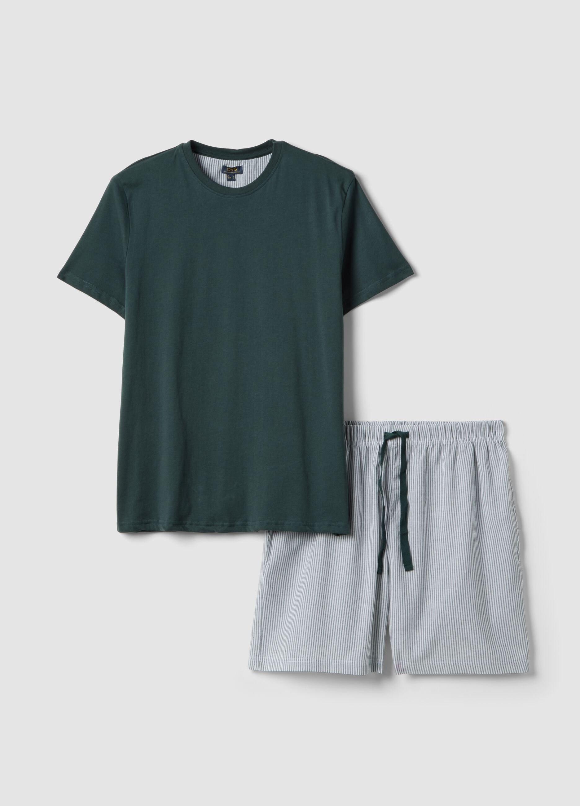 Green short-sleeve striped pyjama set in pure organic cotton jersey