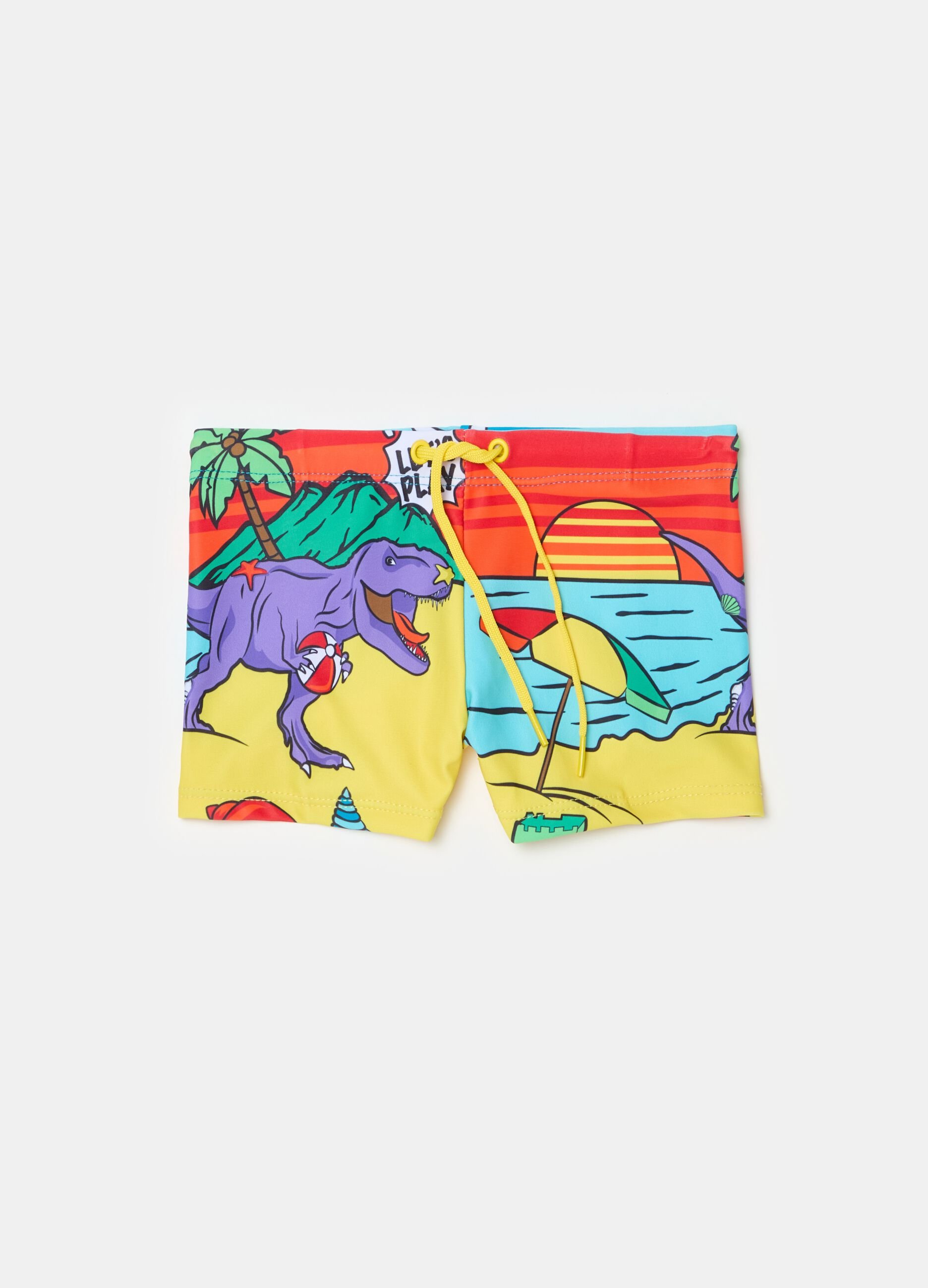 Swimming trunks with print and drawstring