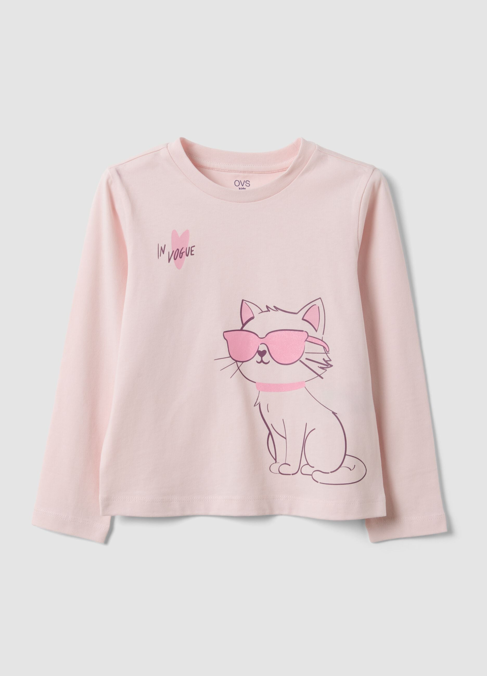 Rosa T-Shirt aus reiner Bio-Baumwolle mit K&auml;tzchen-Print f&uuml;r M&auml;dchen