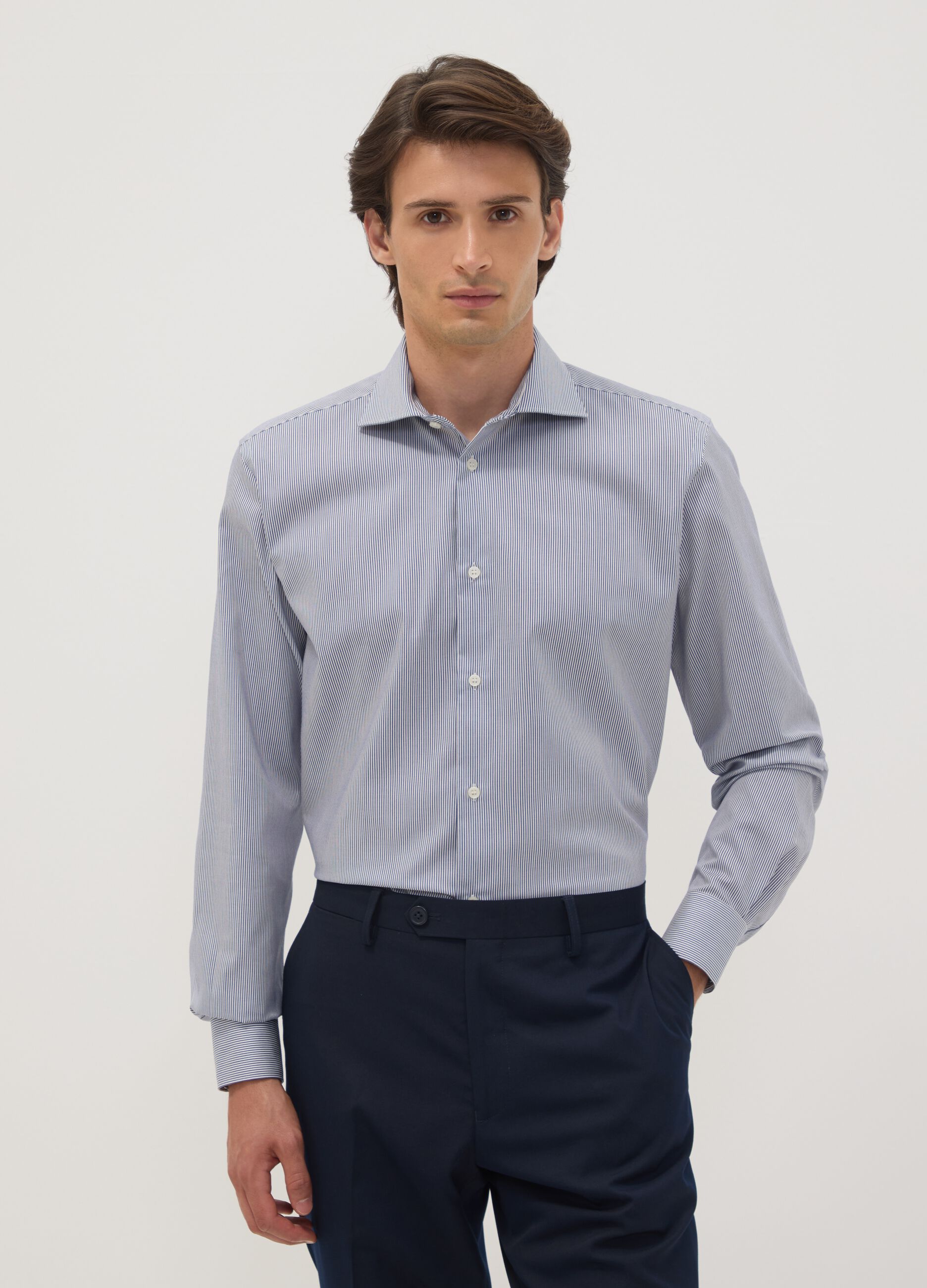 Blue pure cotton striped shirt with French collar, slim fit, non-iron