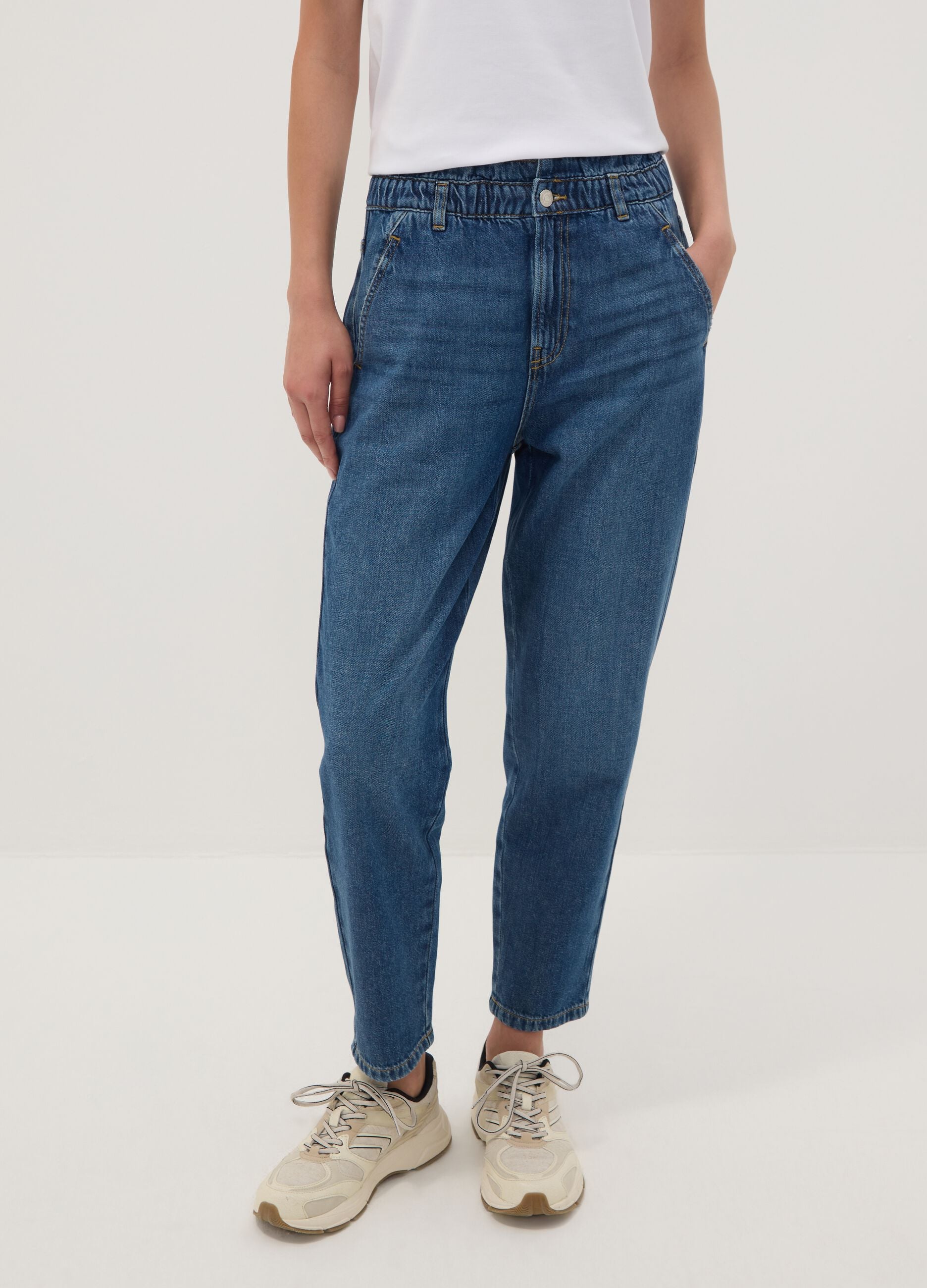 Jeans denim blu in puro cotone con vita paperbag baggy fit