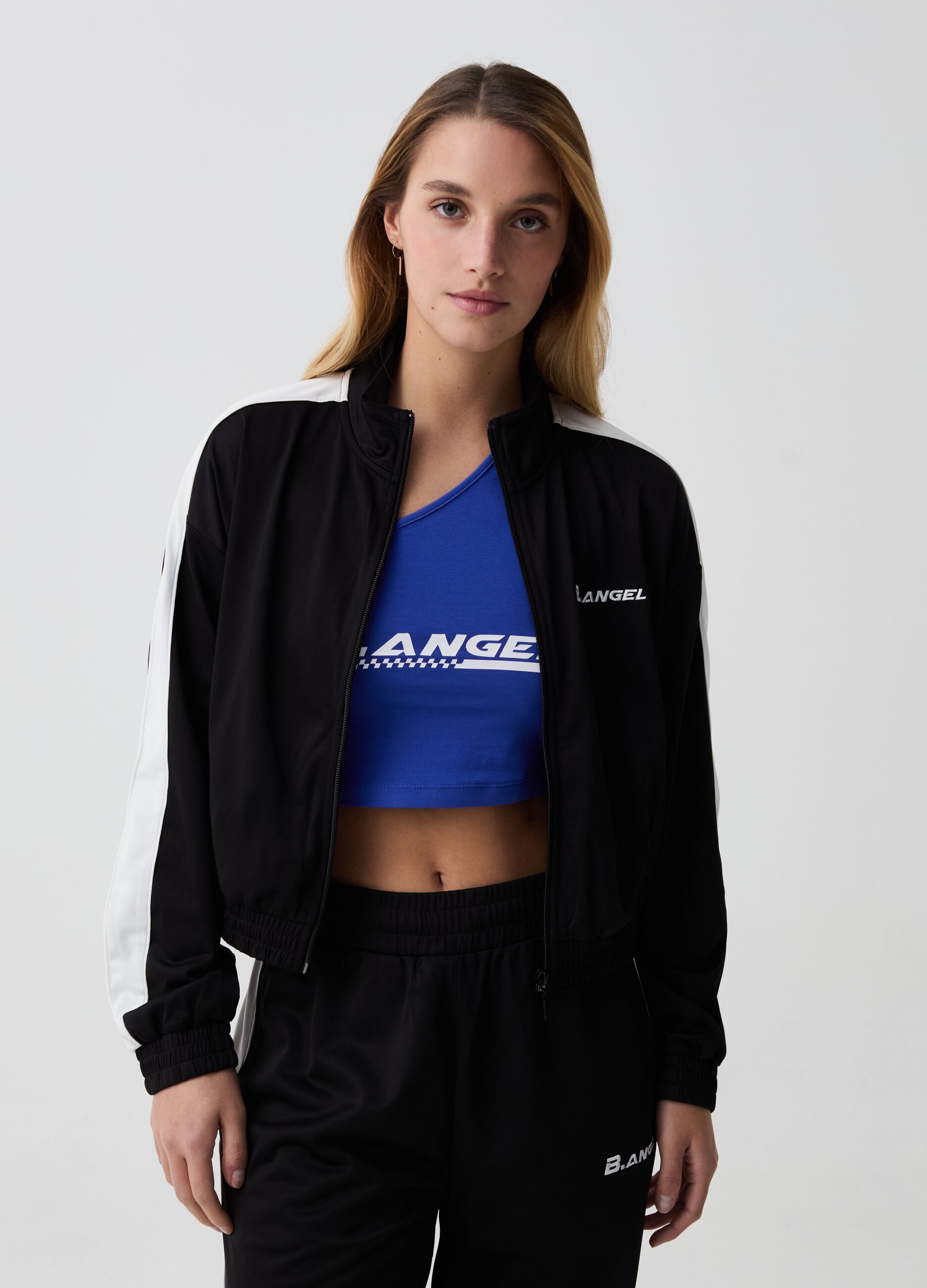 Full-zip sweatshirt with high neck with contrasting bands