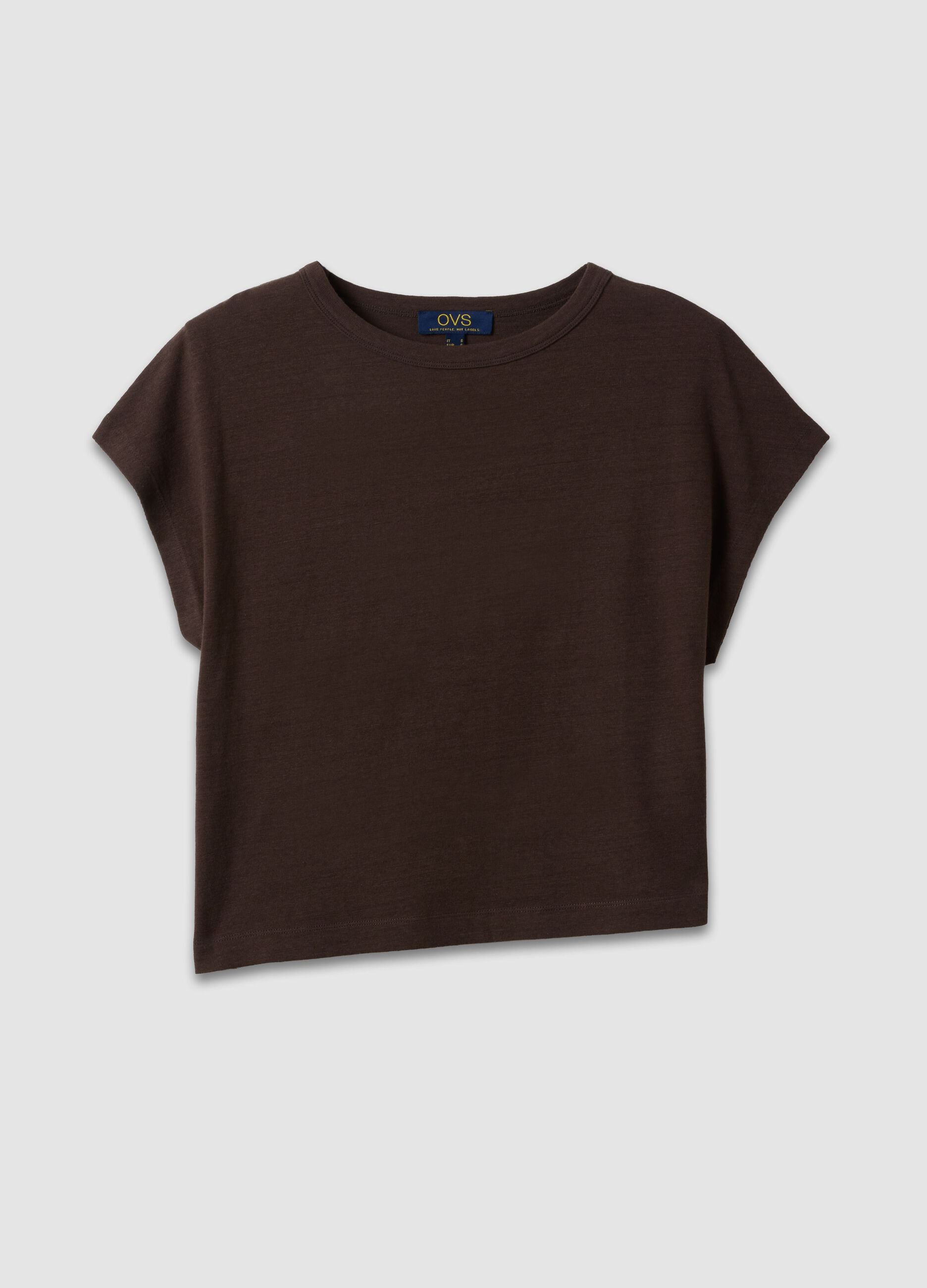 Brown cotton-linen blend short-sleeve T-shirt, regular fit