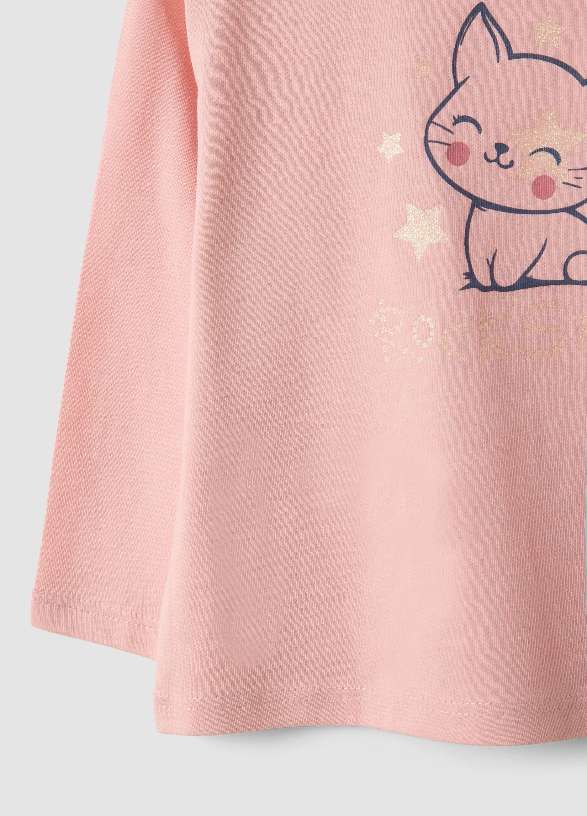 Maglietta rosa in puro cotone organico con stampa gattino per bimba