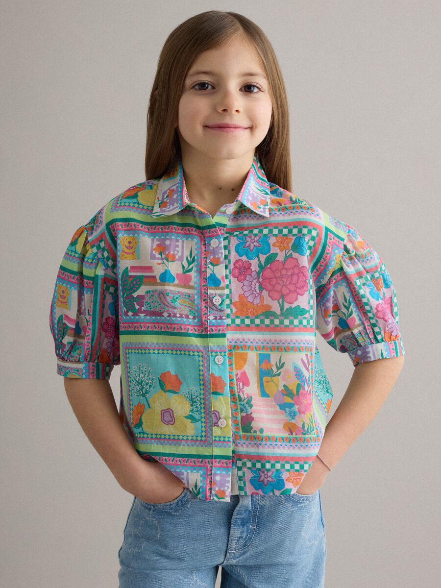 Girl's multicolour pure cotton shirt with floral pattern_0