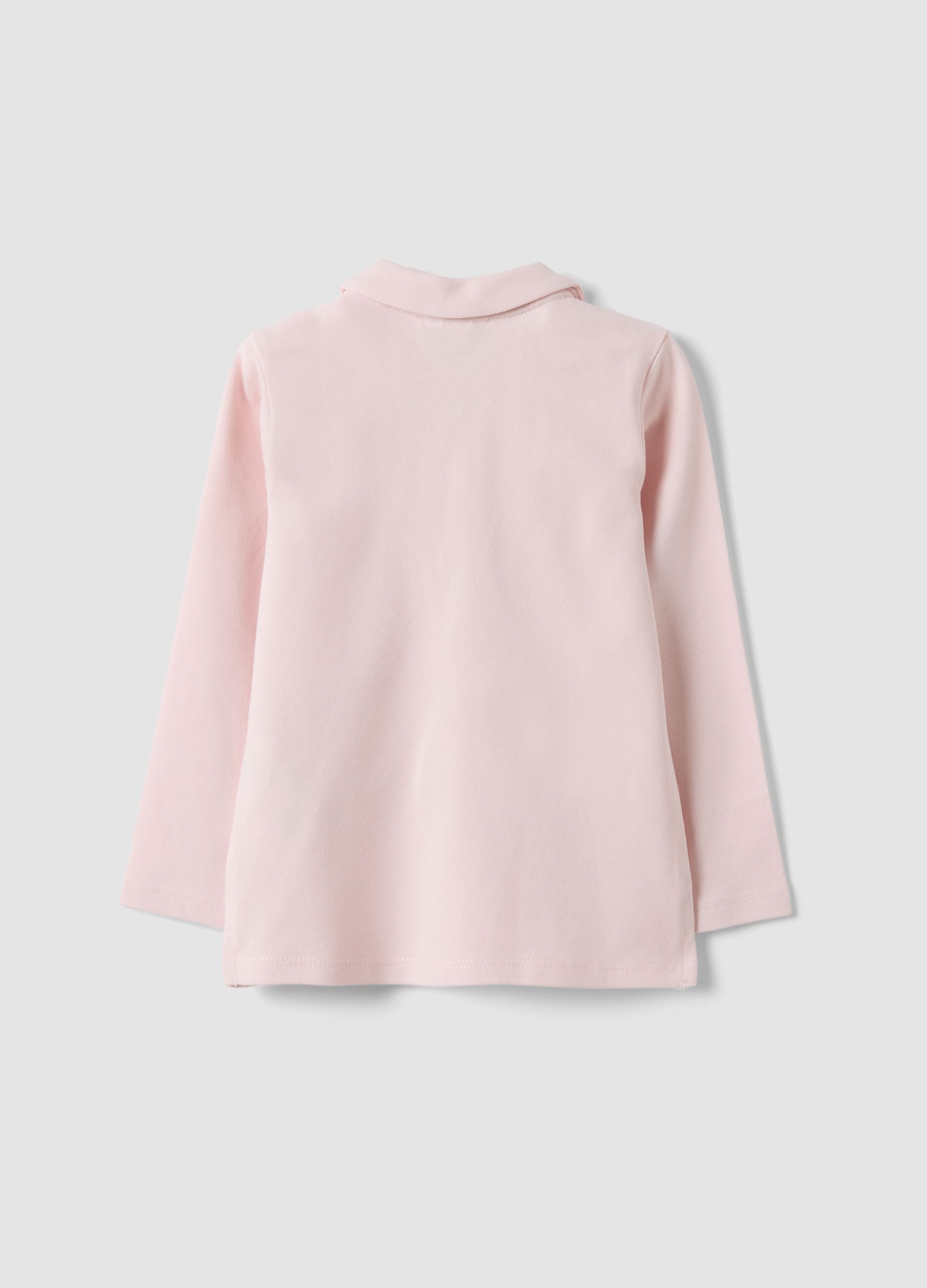 Pink stretch organic cotton polo shirt with ruffle details for baby girl