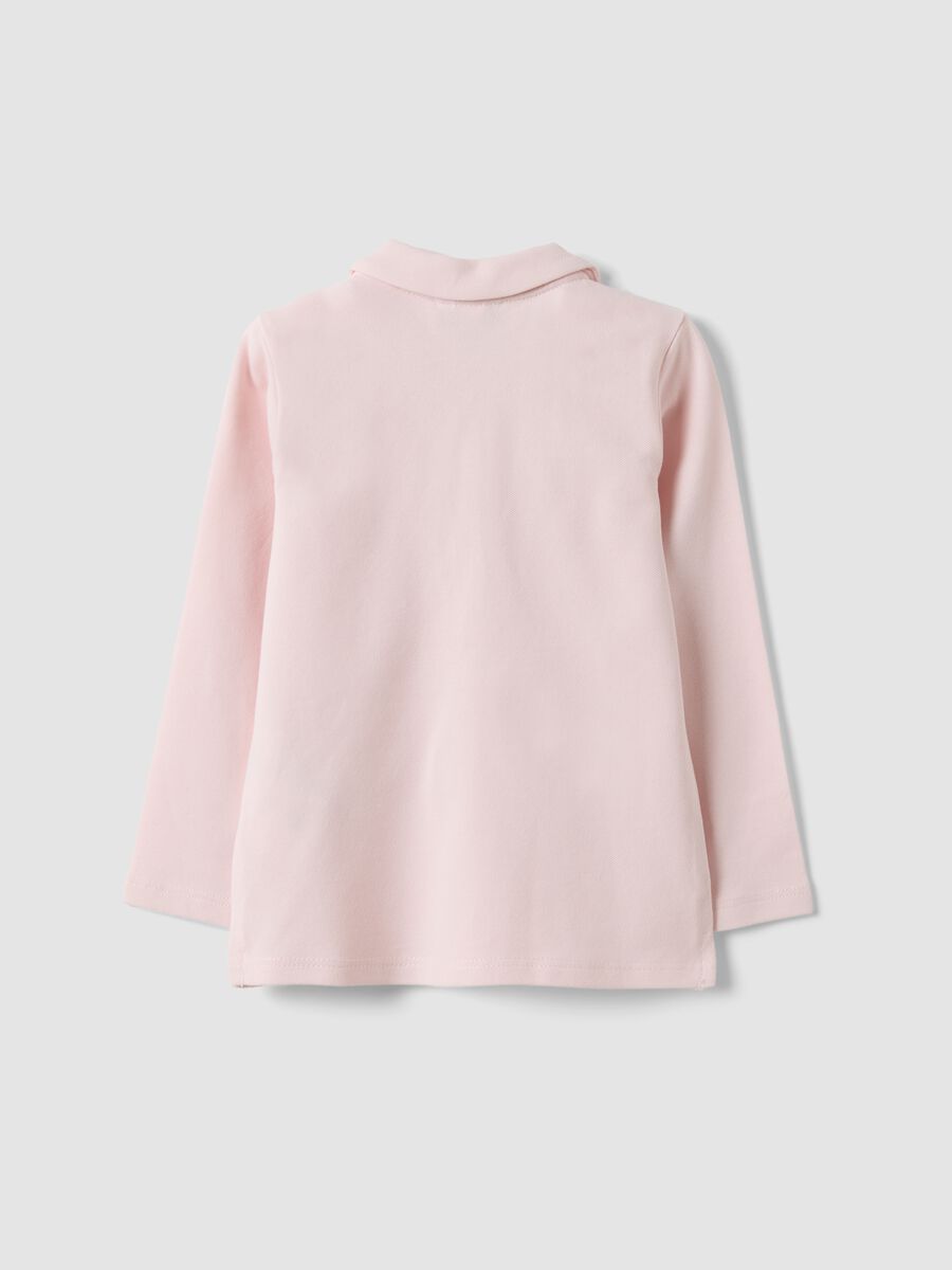 Pink stretch organic cotton polo shirt with ruffle details for baby girl_1
