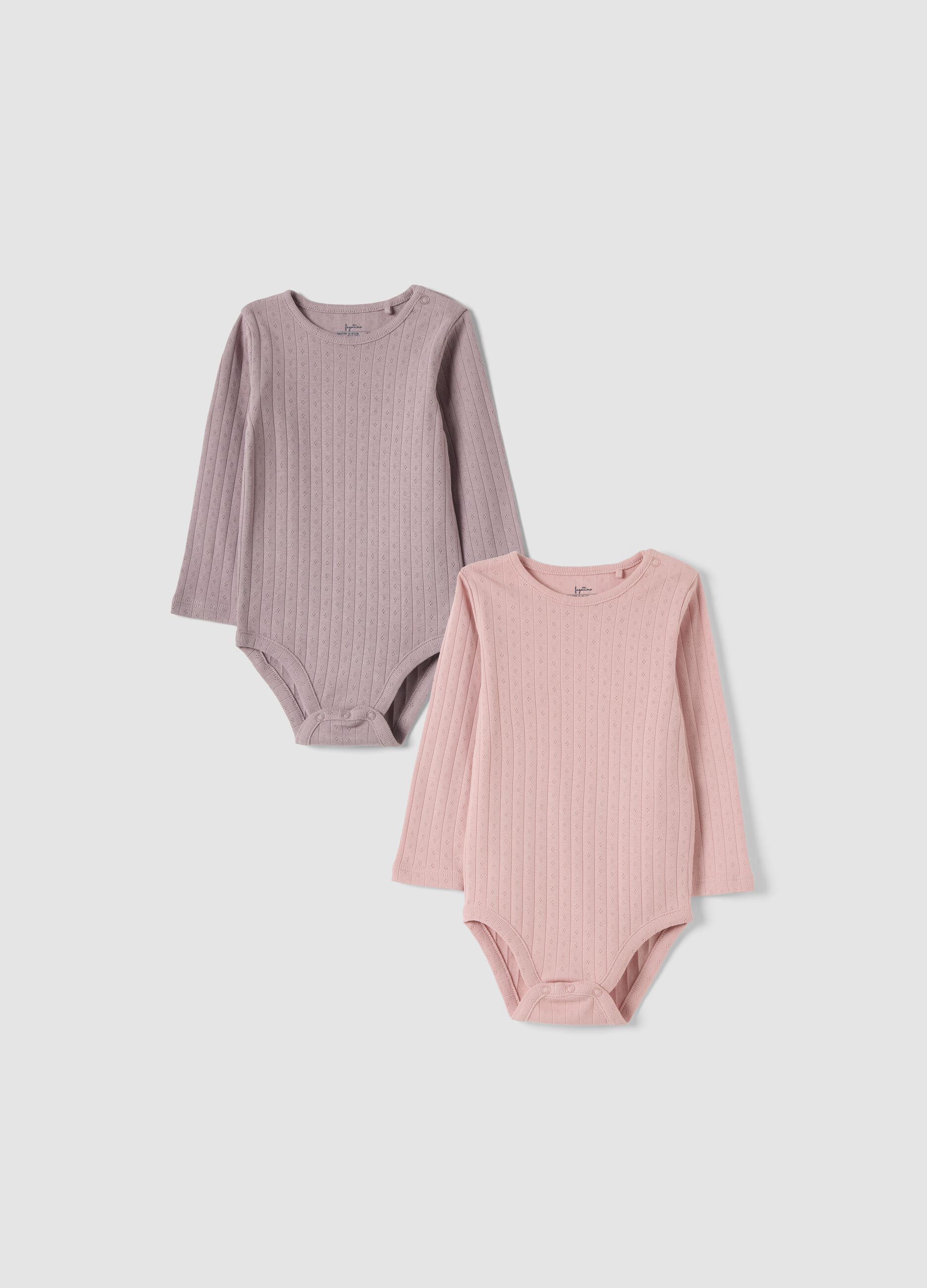 Bipack body rosa e viola in puro cotone organico a coste traforate