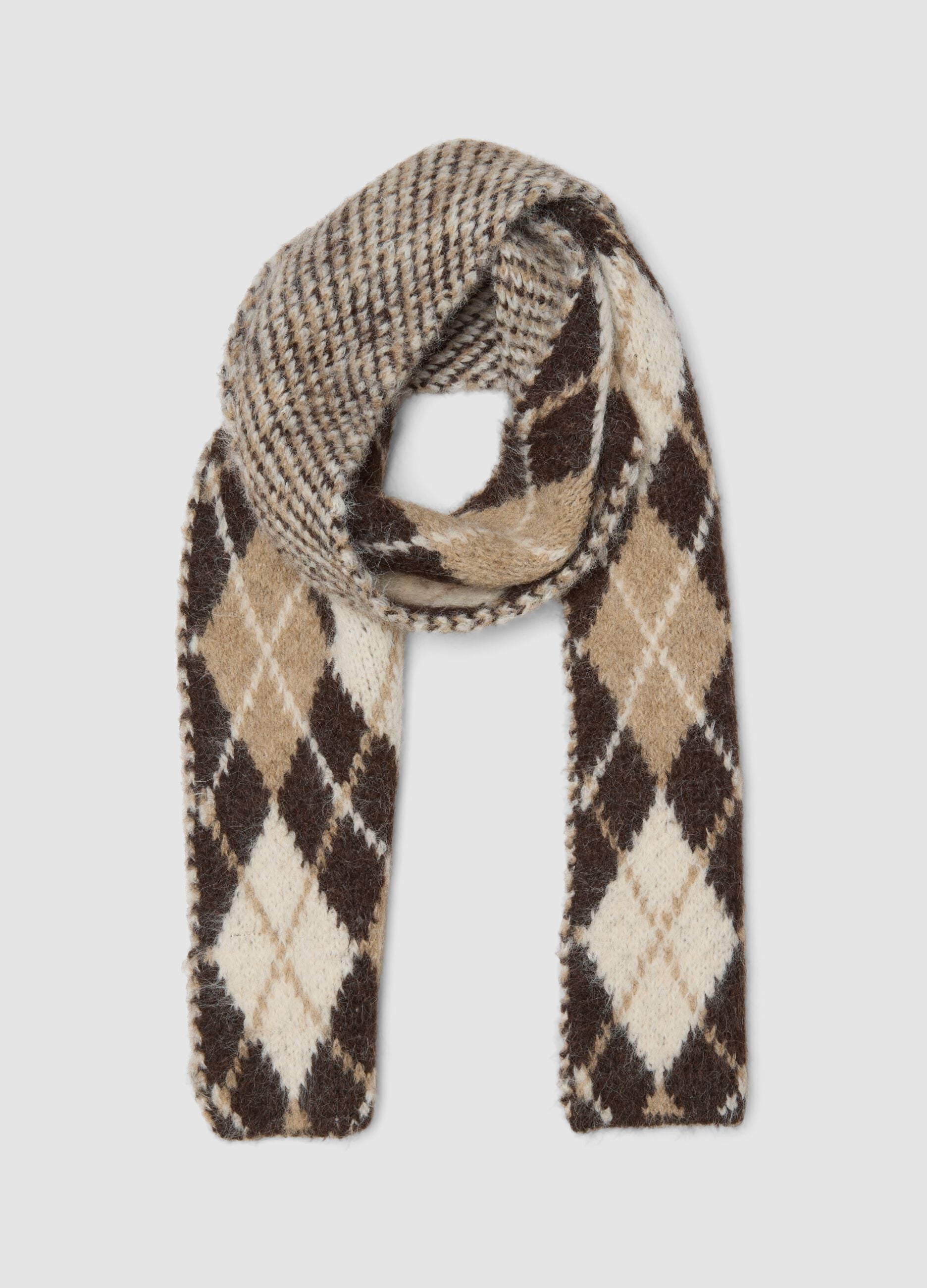 Beige stretch wool scarf with diamond pattern