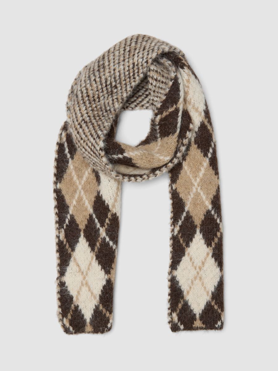 Beige stretch wool scarf with diamond pattern_0