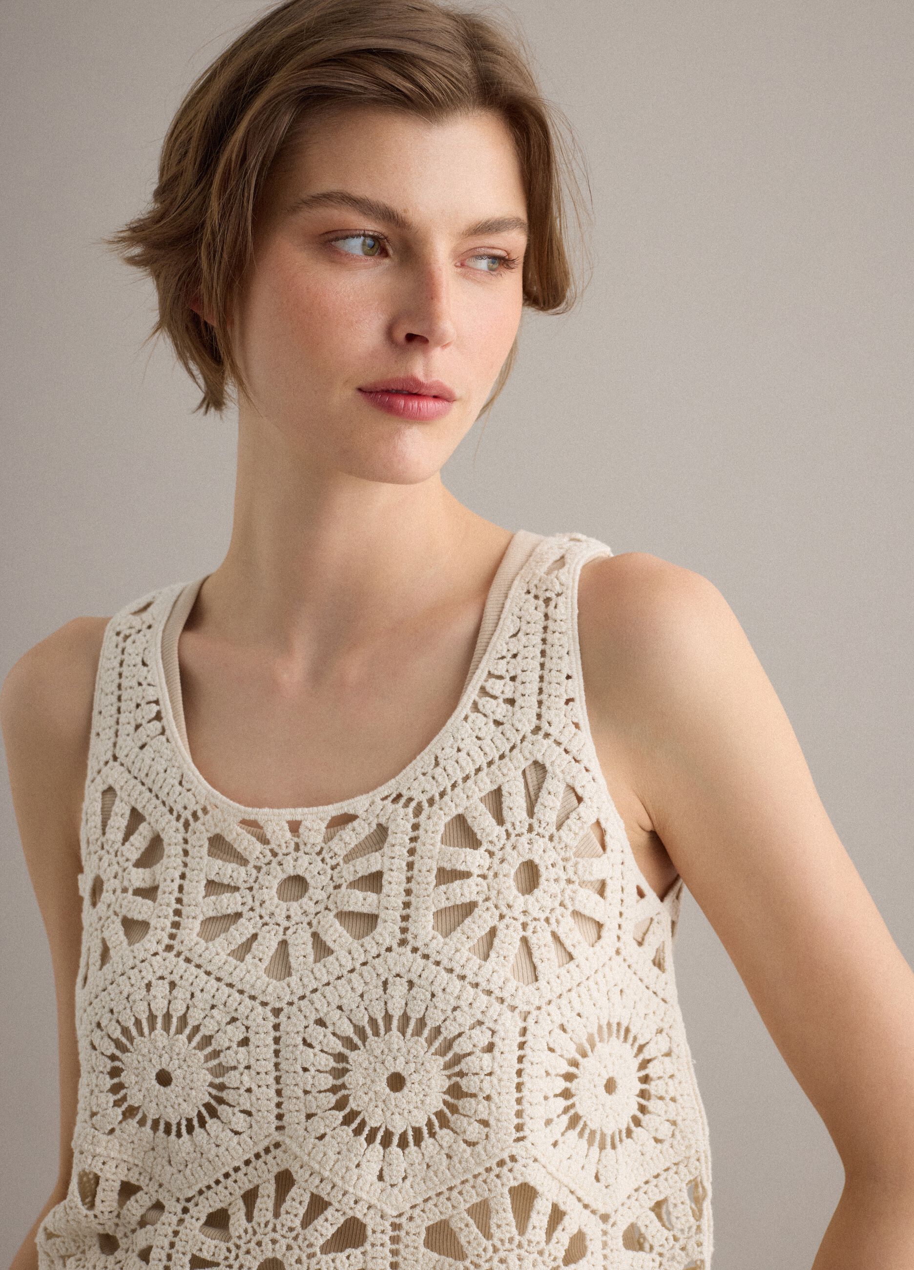 Beige pure cotton crochet tank top