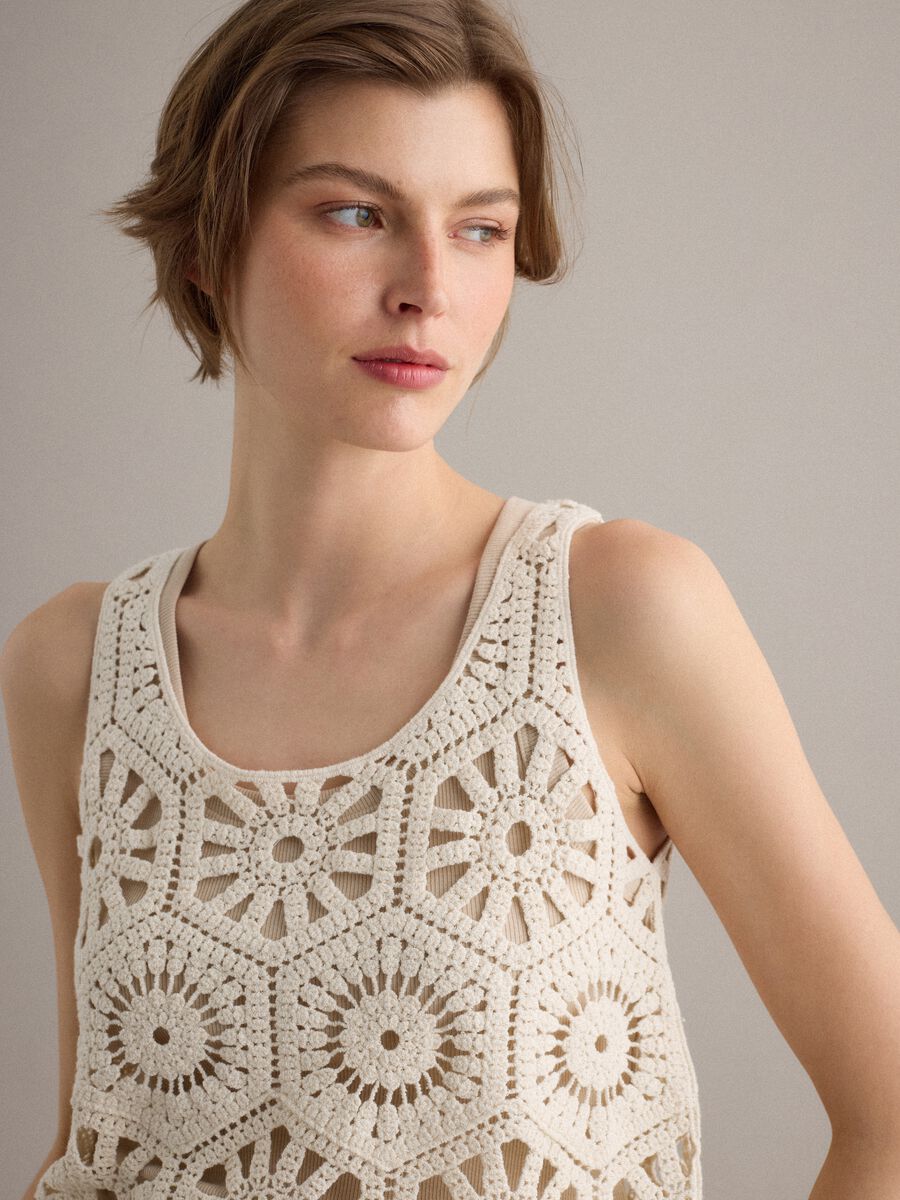 Beige pure cotton crochet tank top_0