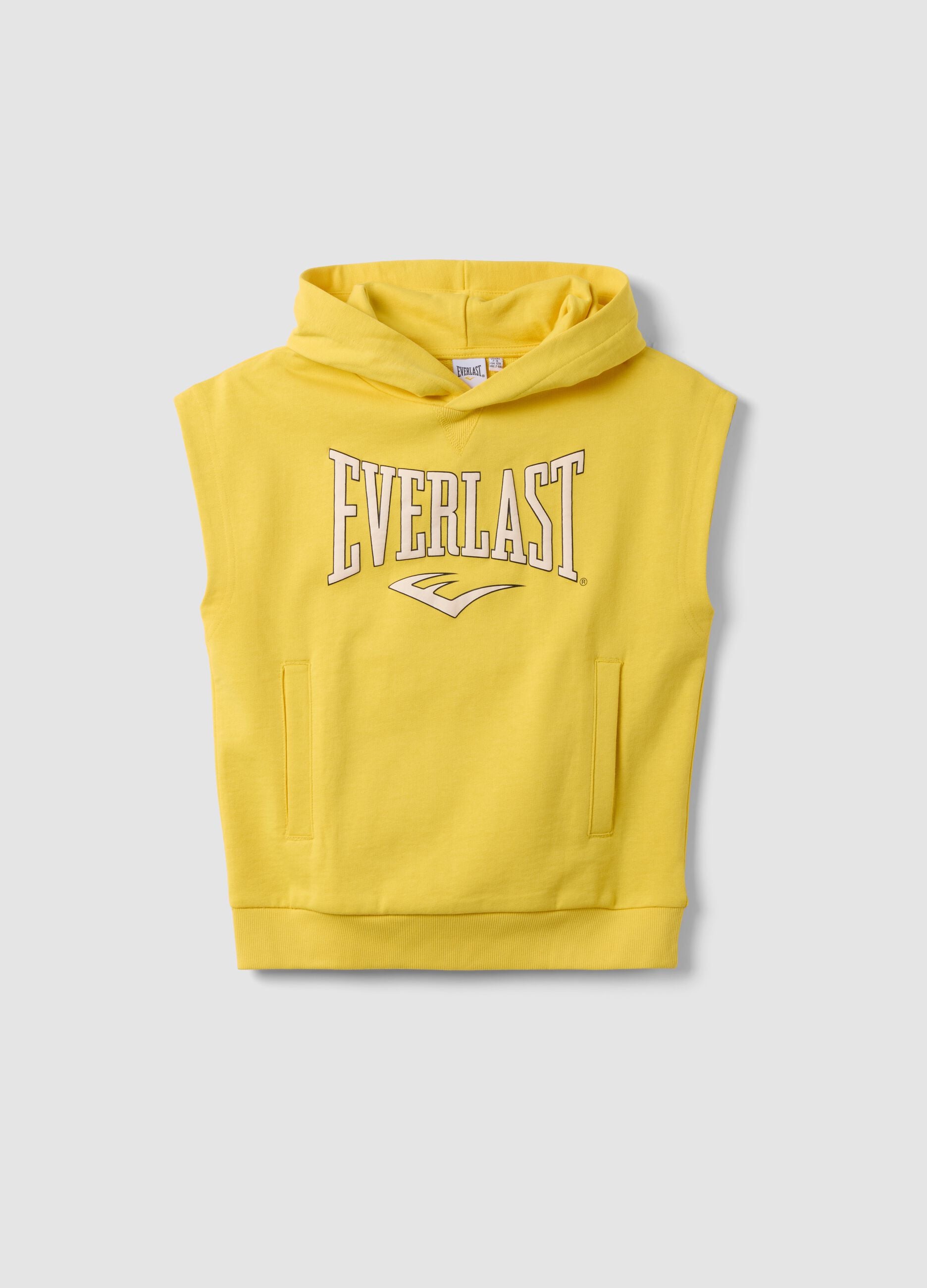 Yellow sleeveless pure cotton hoodie with logo for boys