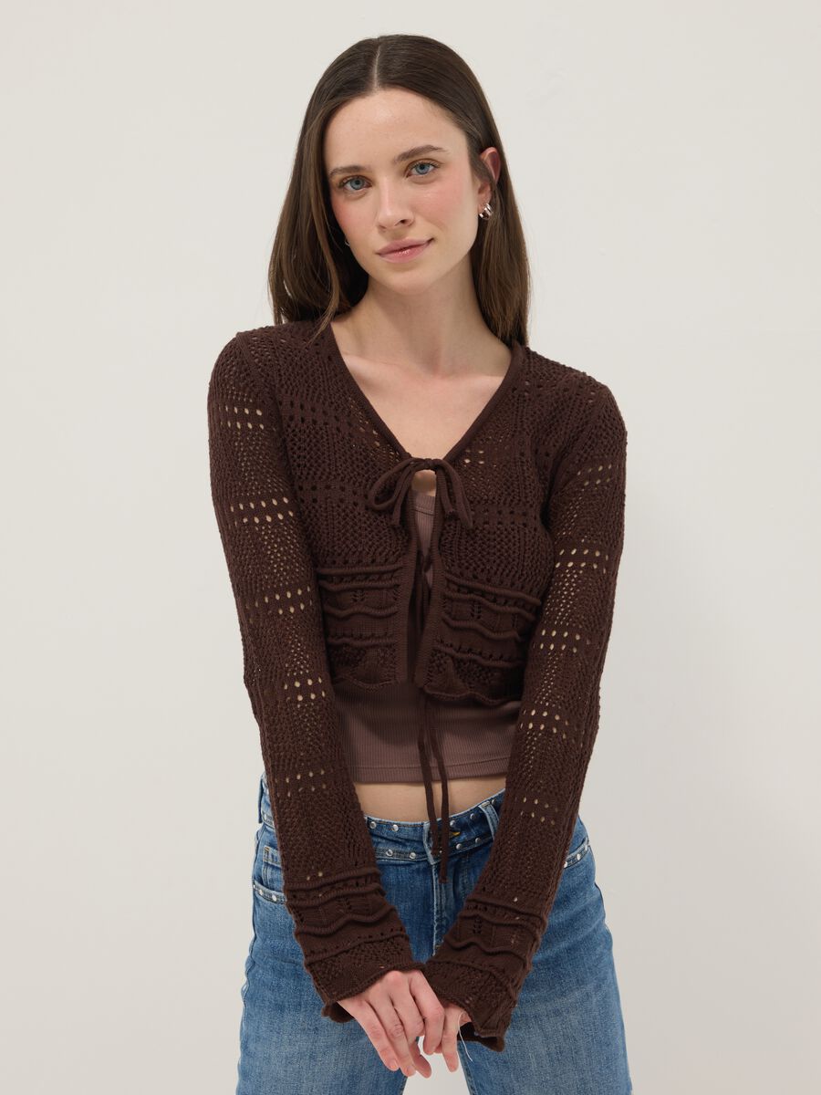 Brown pure cotton regular fit knitted deep V cardigan_0