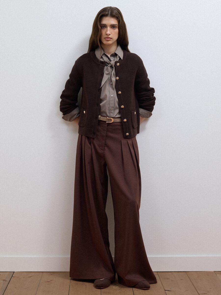Brown wide-leg formal trousers in stretch viscose with belt_0