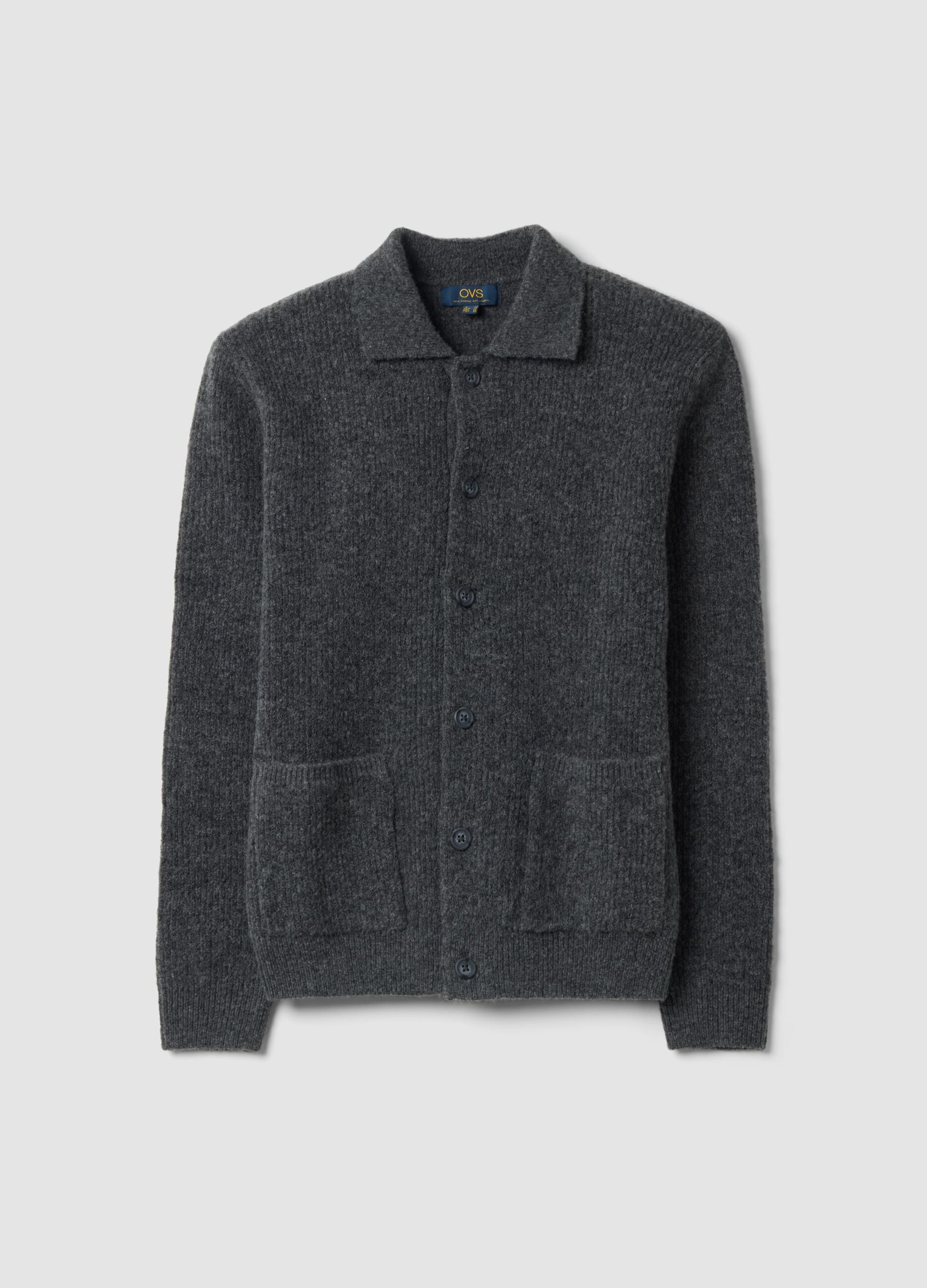 Grey marl stretch wool polo-collar cardigan