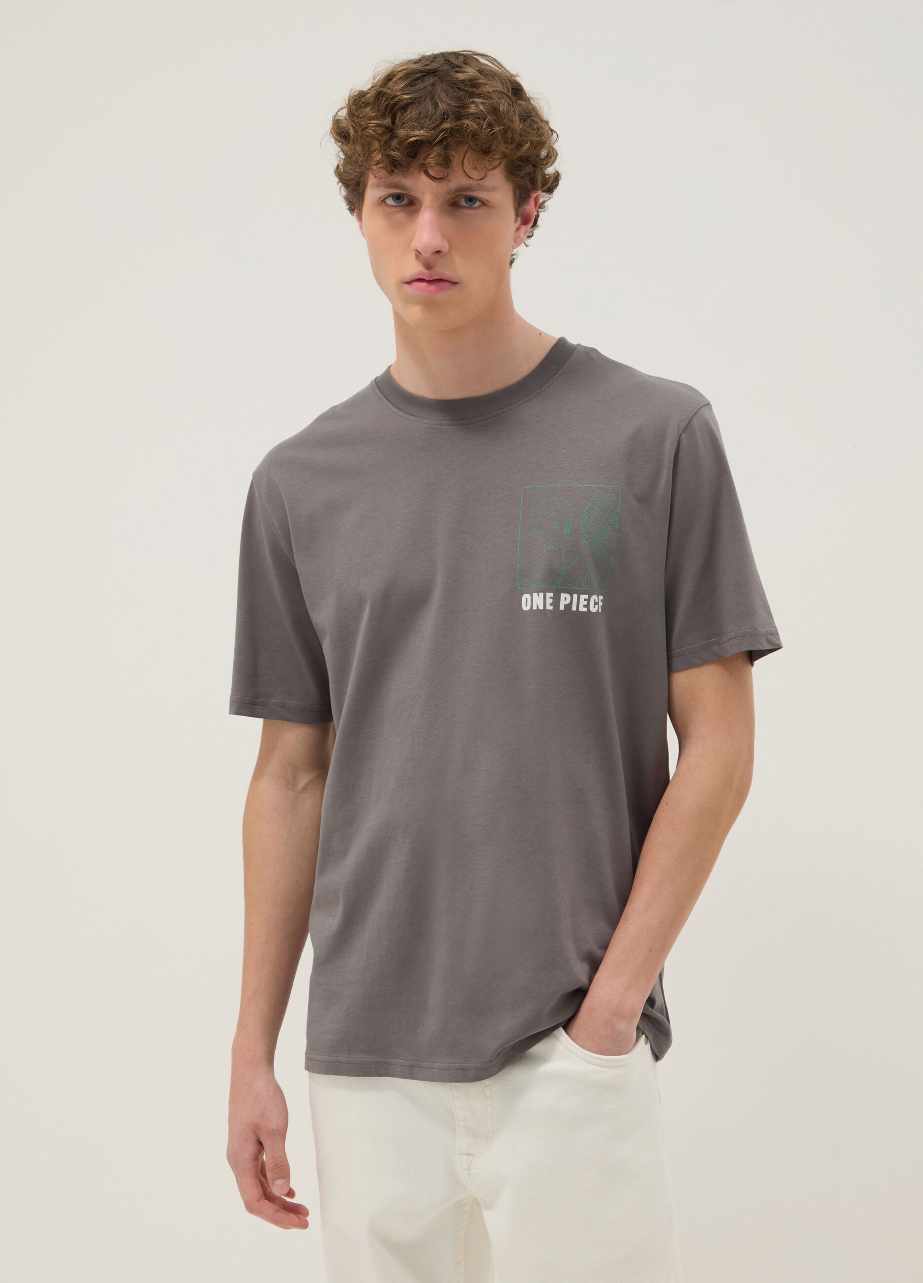 Graues T-Shirt mit One Piece-Print aus reiner Baumwolle, Relaxed Fit