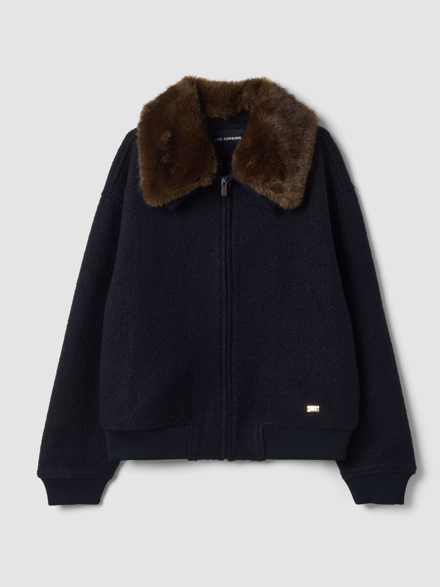 Blue wool-blend jacket with faux-fur effect collar_0