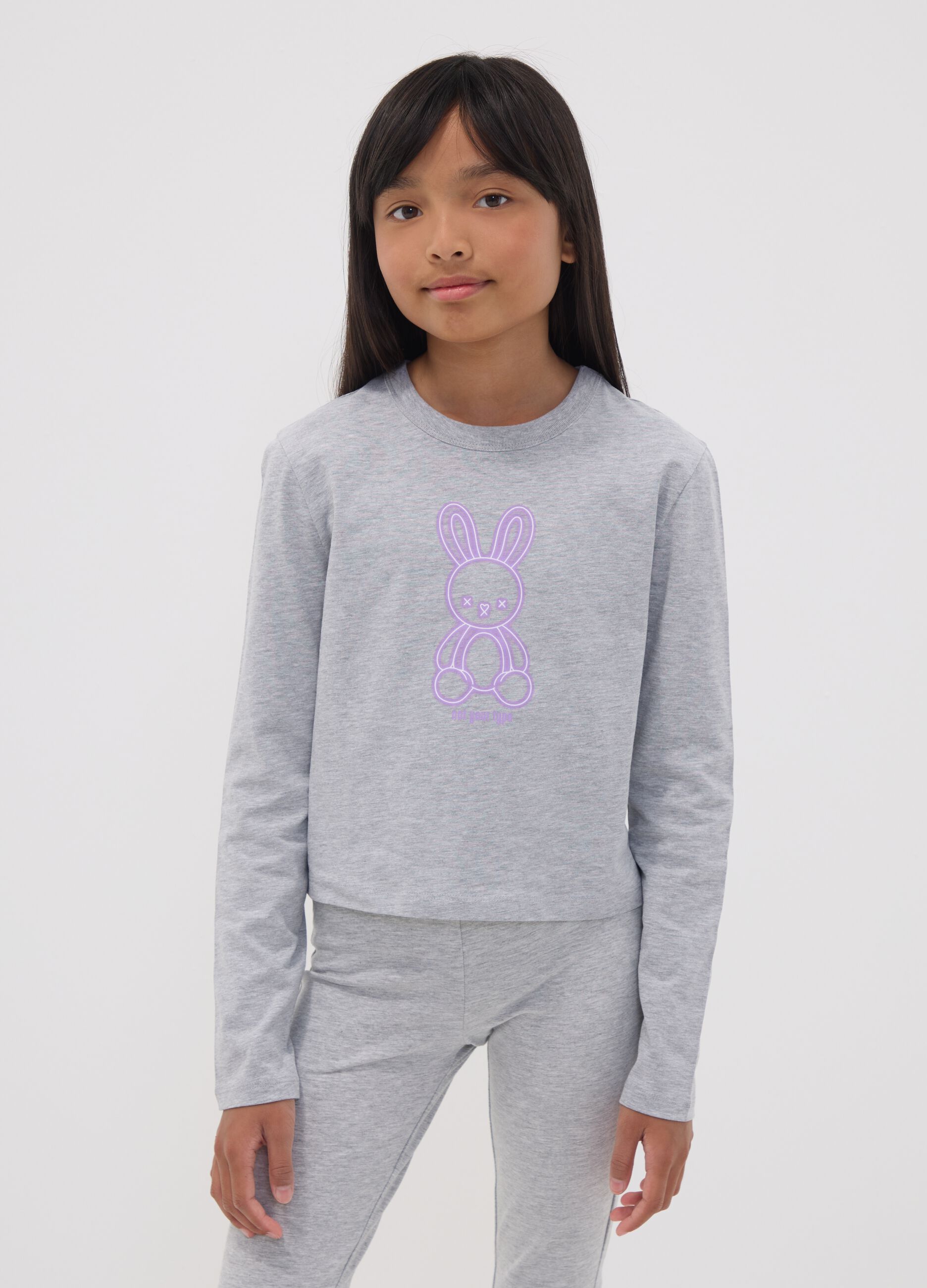 Girls&rsquo; grey organic cotton crop T-shirt with ribbed neckline