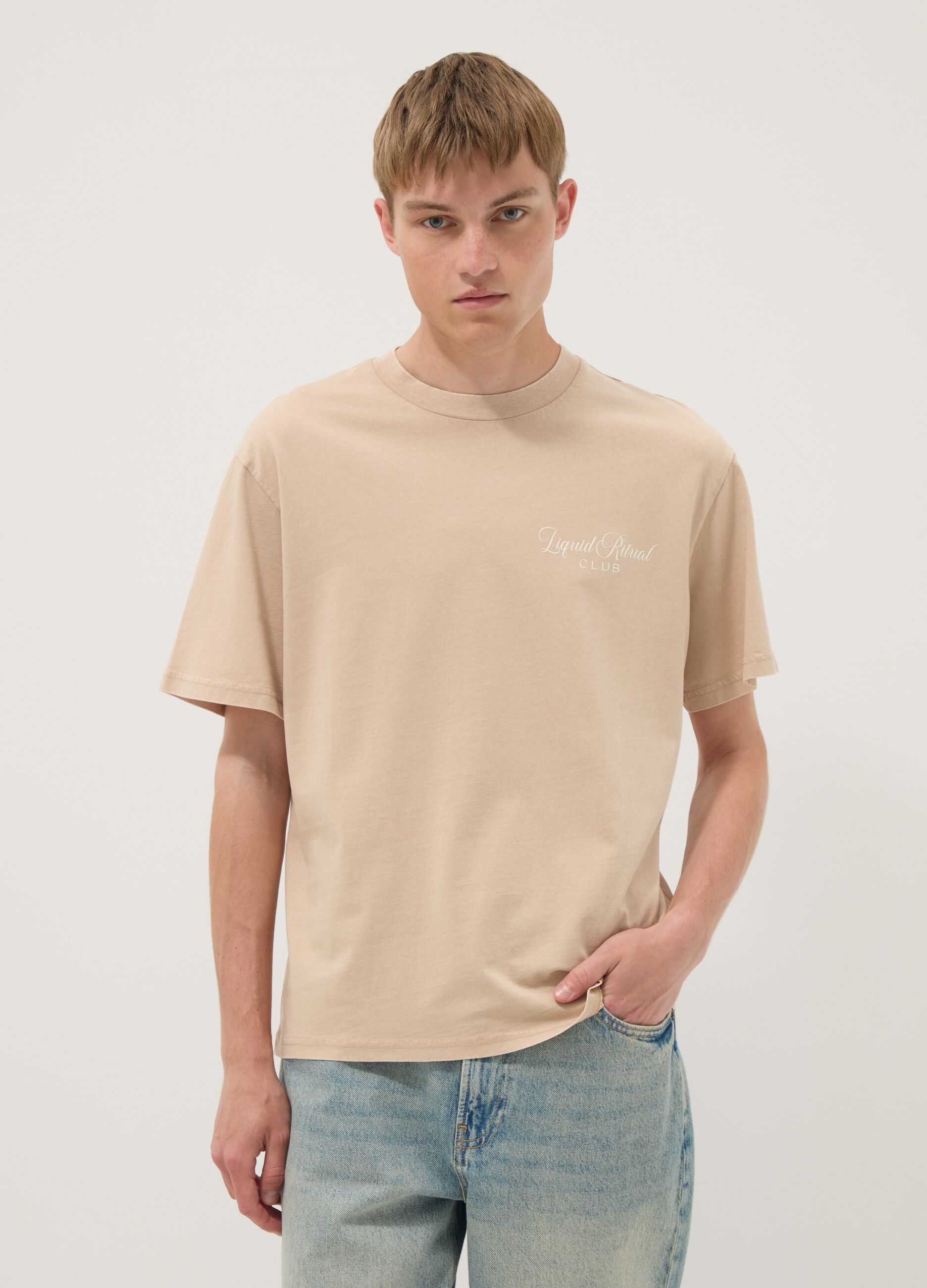 Beiges Kurzarm-T-Shirt aus reiner Baumwolle