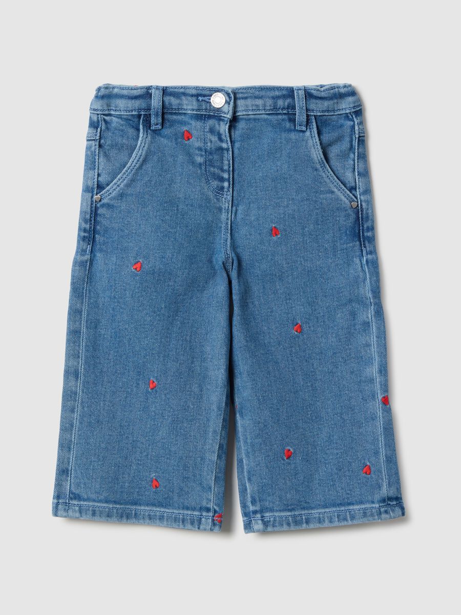 Stretch cotton denim regular fit trousers with embroidery for girls_0