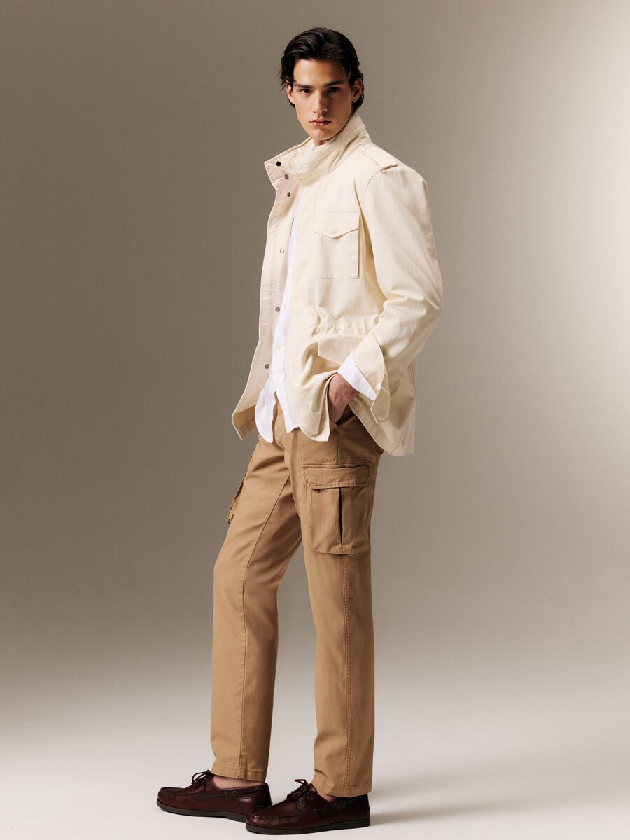 Beige stretch cotton slim fit cargo trousers_0