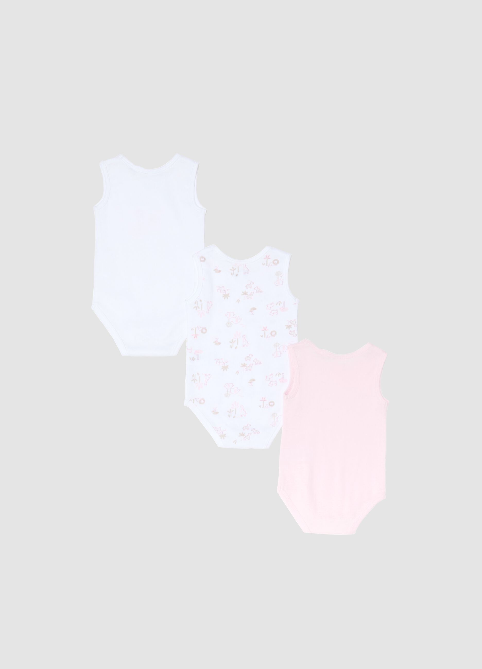 Pack of sleeveless bodysuits in pure multicolored cotton for baby girls